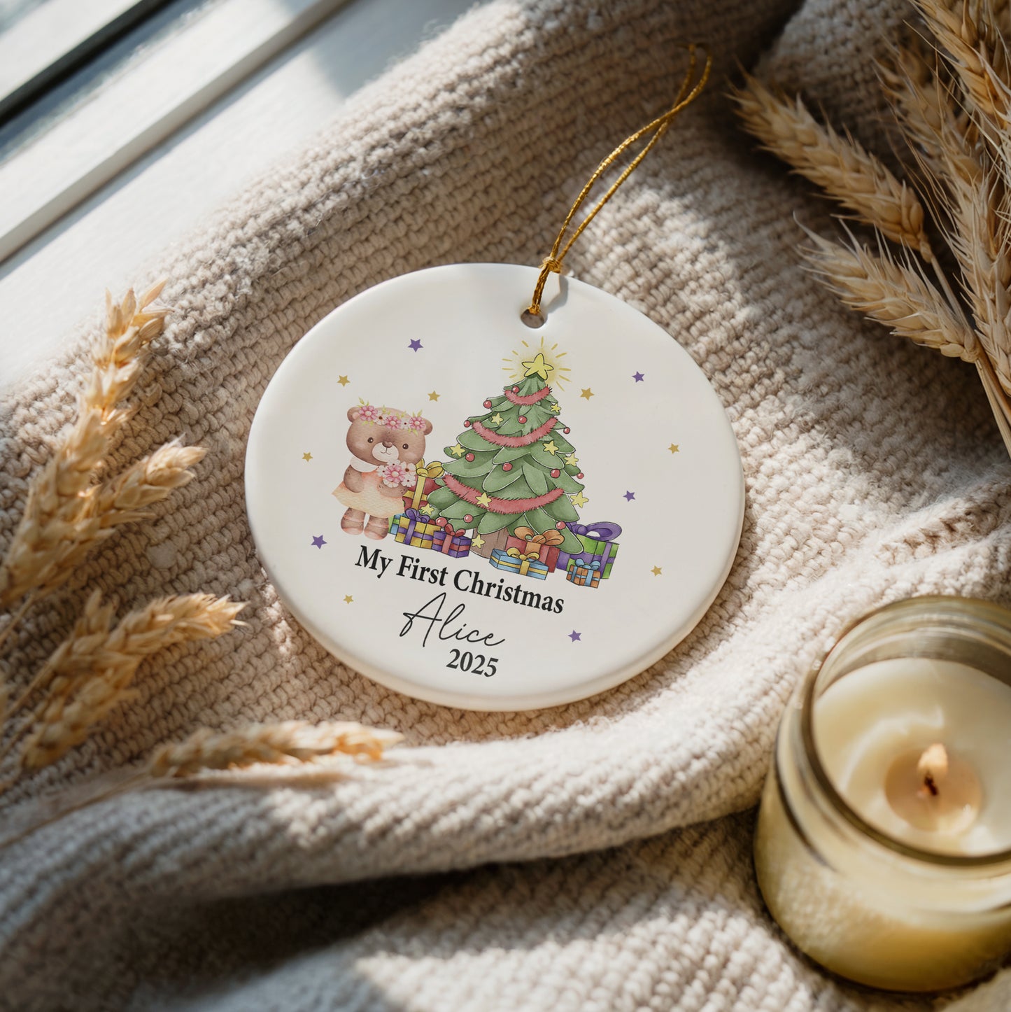 Baby's 1st Christmas Keepsake Ornament, Personalized Ceramic With Adorable Bear Design