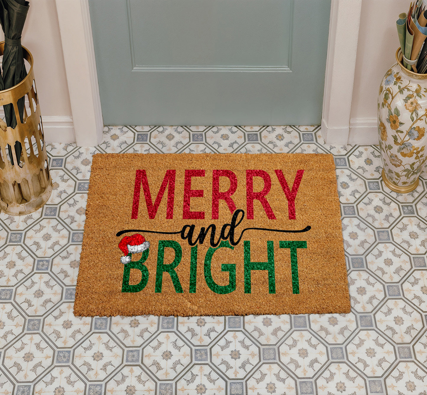 Winter Festive Front Porch Rug, Merry And Bright Doormat, Cozy Christmas Welcome Mat