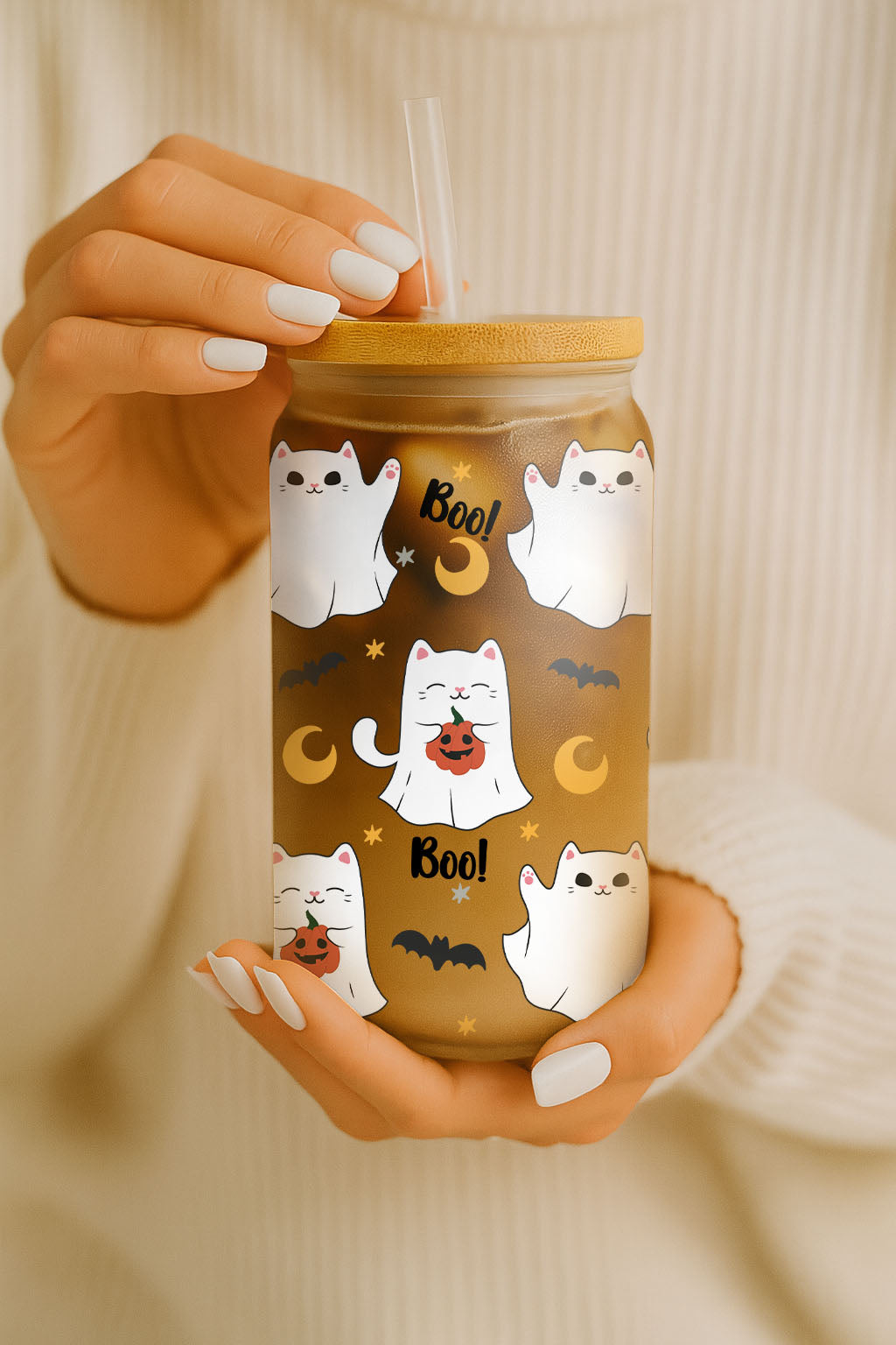 Spooky Season Ghost Cats, Pumpkin Iced Coffee Glass Tumbler