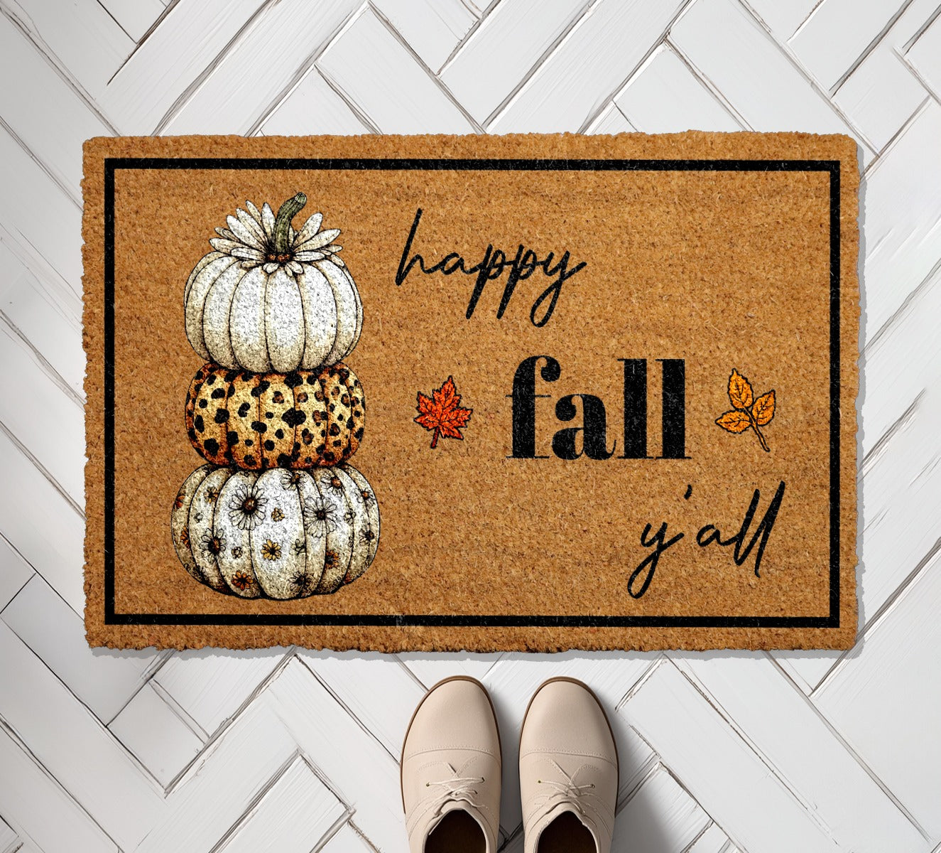 Fall Farmhouse Doormat, Welcome Autumn with Pumpkin and Turkey