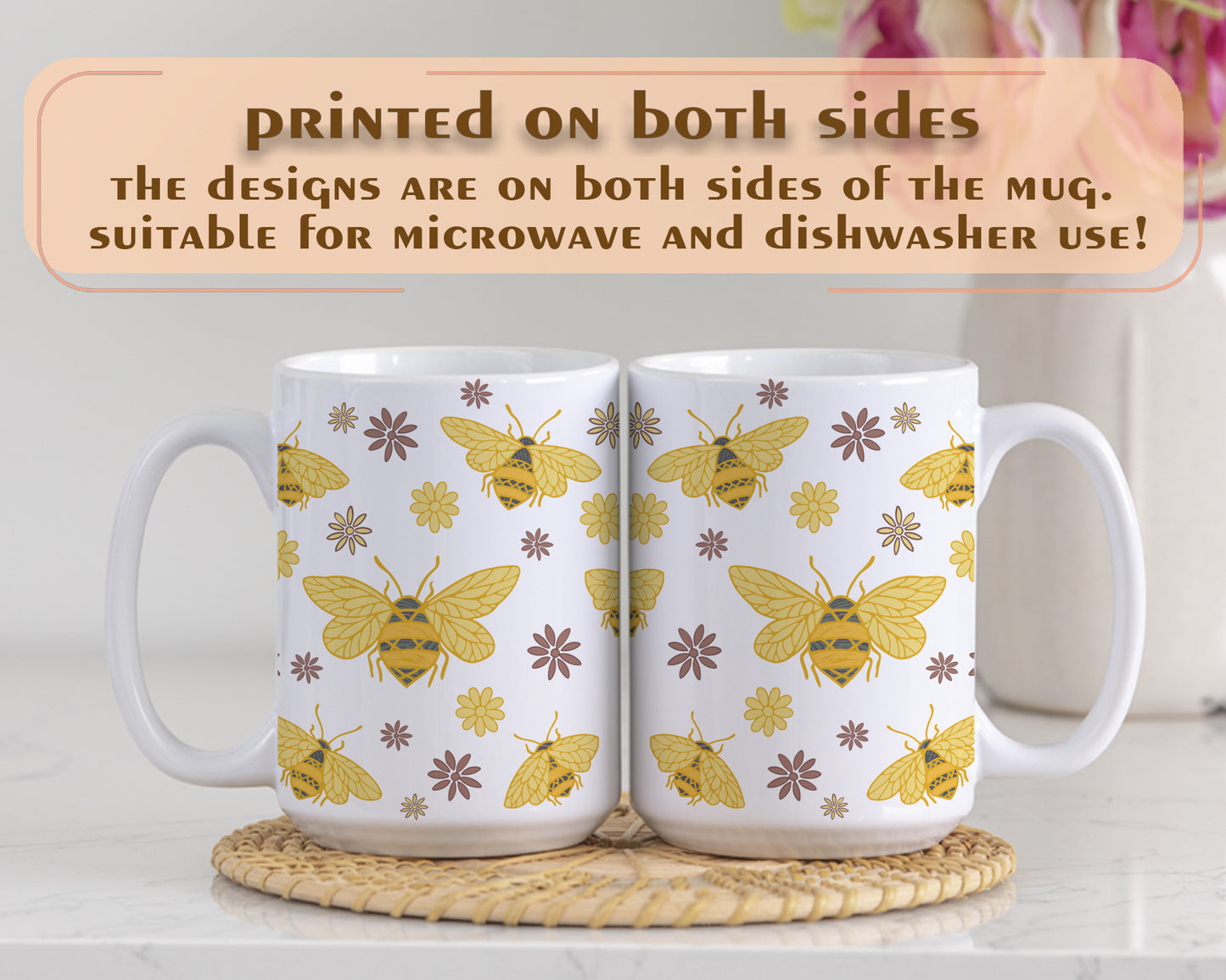 Honey Bee Mug, Floral Design Cup - Nature Lover Gift