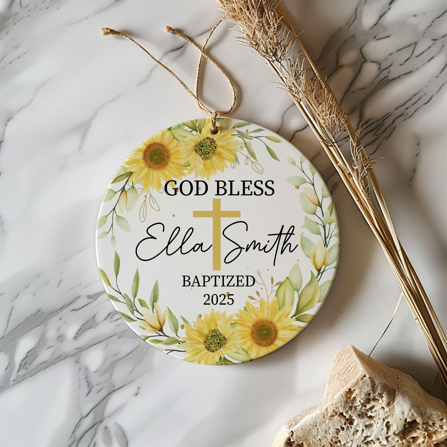 Custom Baptism Ornament, Personalized God Bless Gift, Sunflower Christening Keepsake