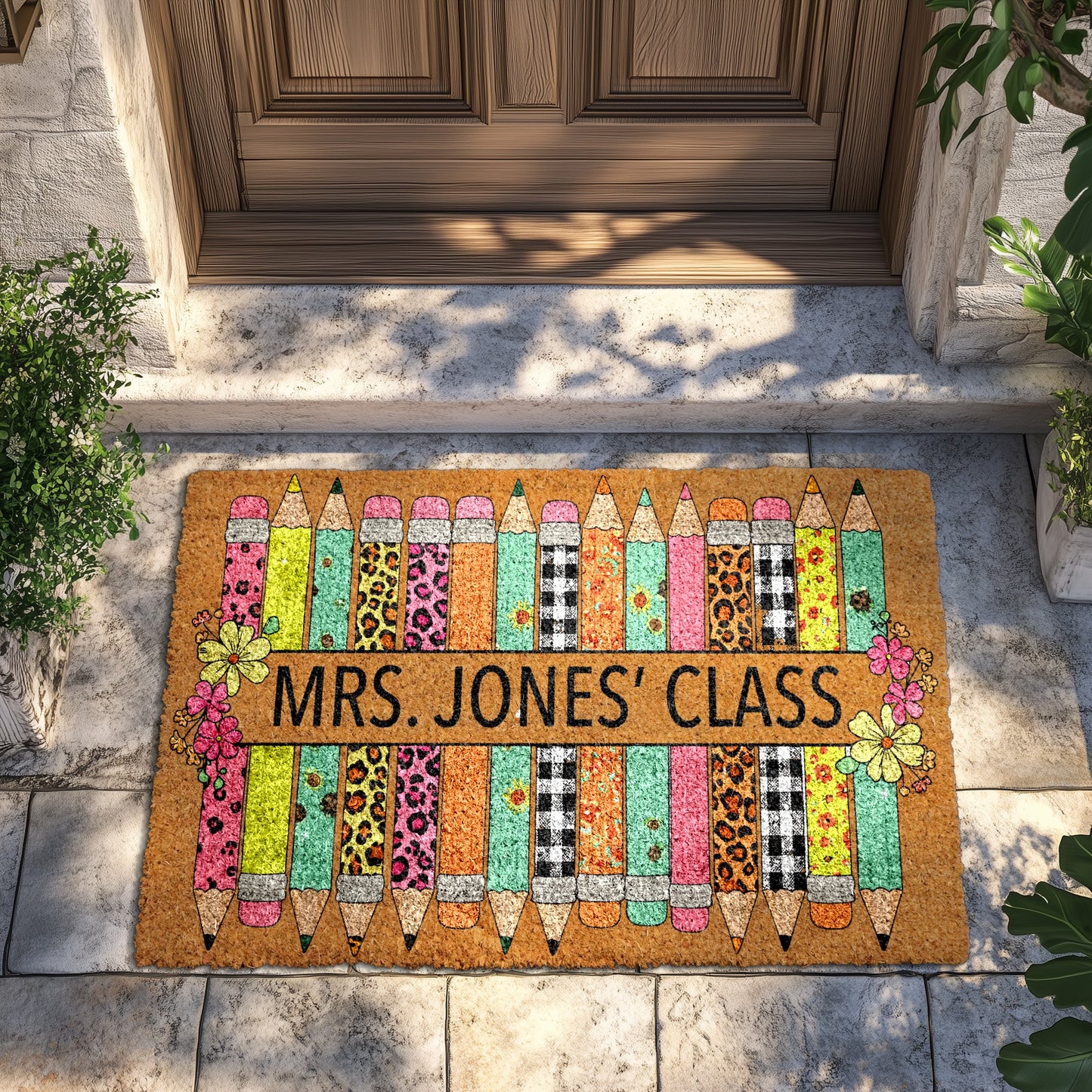 Personalized Teacher Doormat, Welcome Gift with Pencil Design