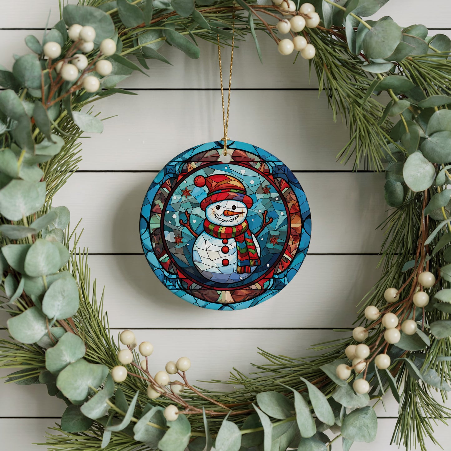 Snowman Themed Ceramic Ornament, Stained Glass Christmas Keepsake, Vibrant Design