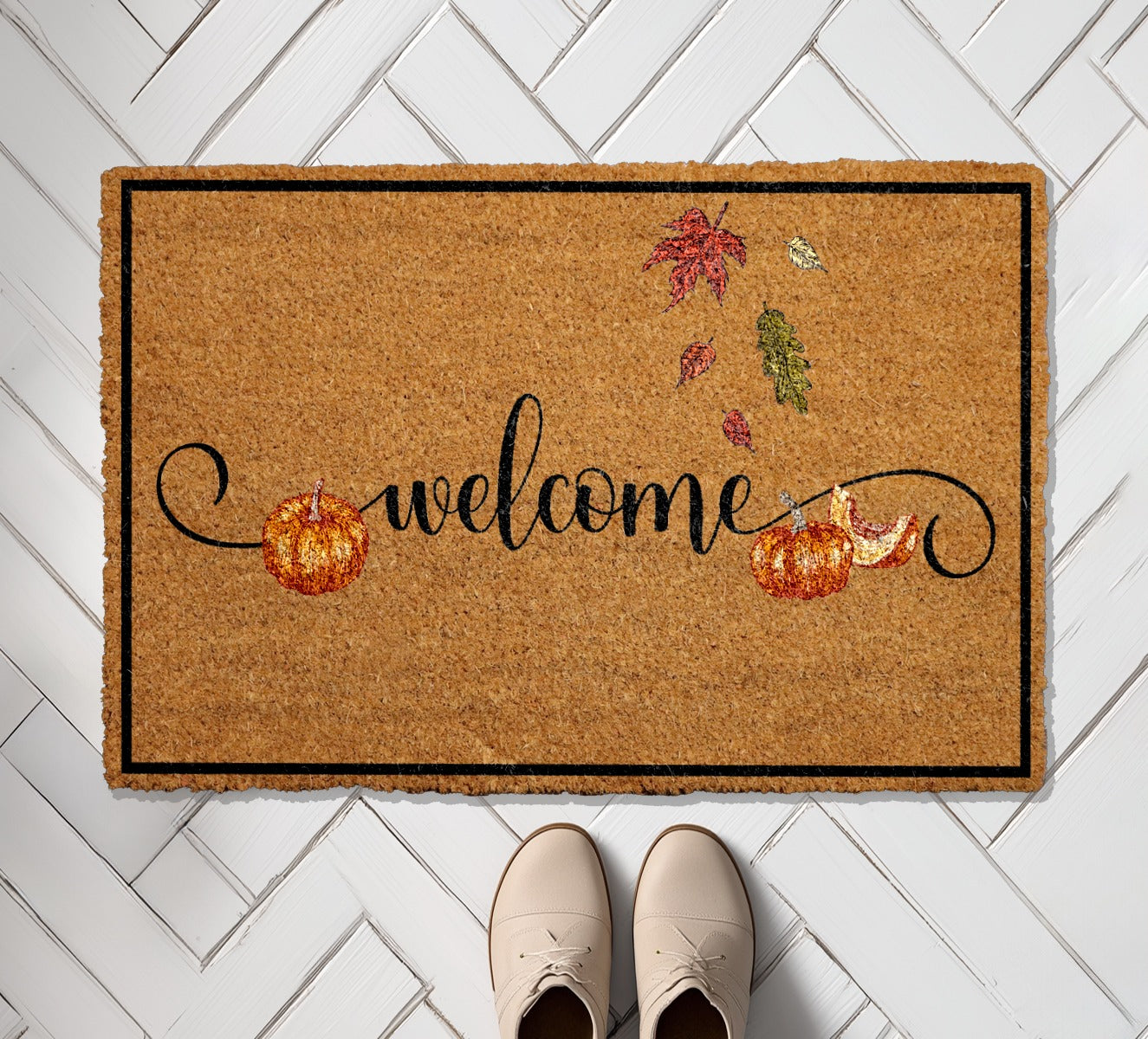 Fall Fun: Pumpkin Welcome Doormat, Cute Leaves - Happy Halloween