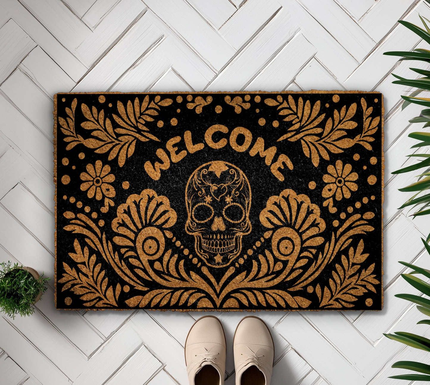 Gothic Floral Sugar Skull Welcome Doormat, Perfect Skeleton Halloween Decor