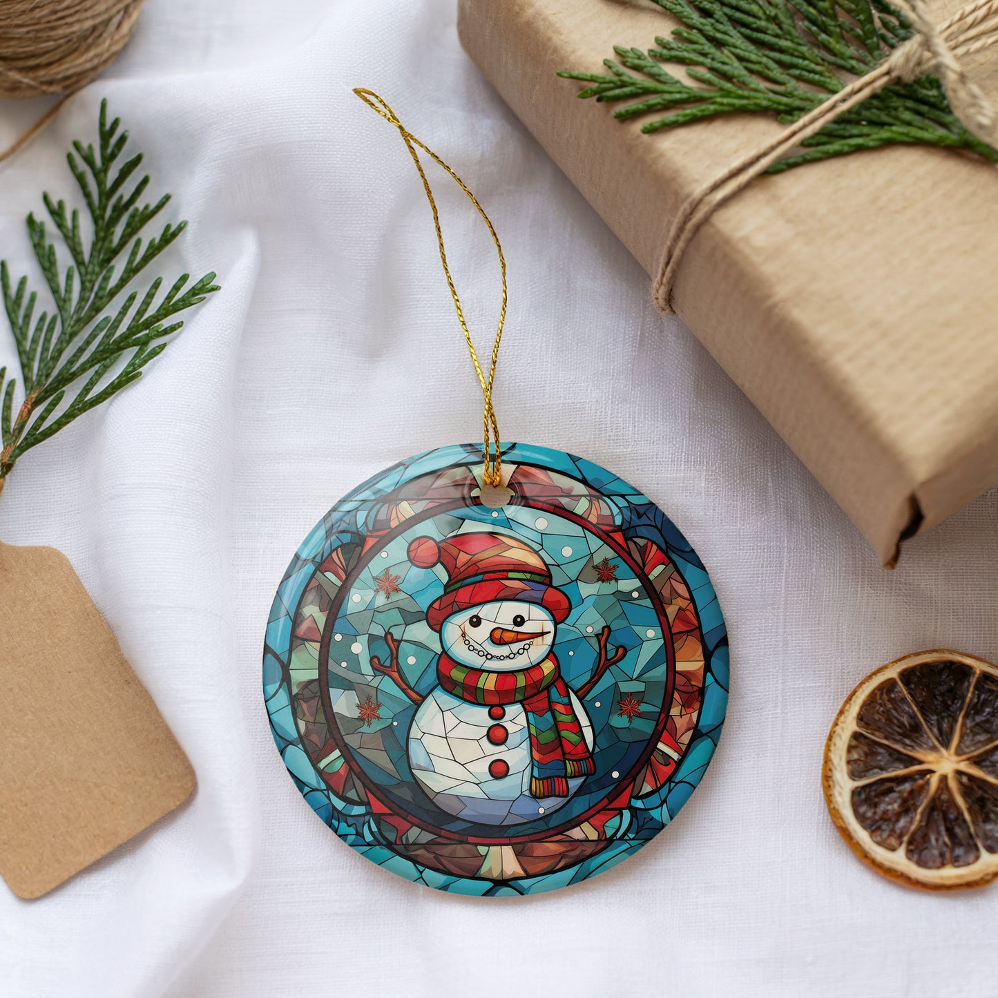 Snowman Themed Ceramic Ornament, Stained Glass Christmas Keepsake, Vibrant Design