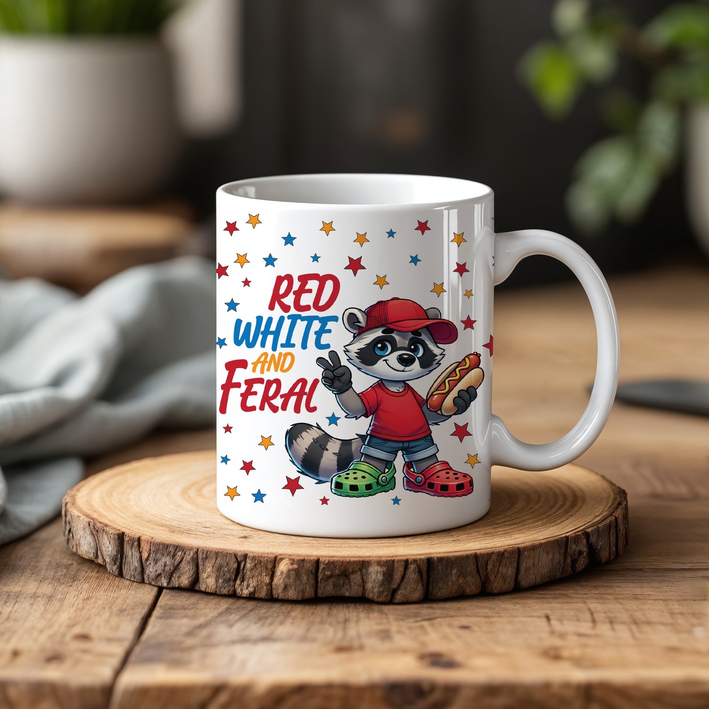 Patriotic Raccoon Mug, USA Flag Design, Independence Day Gift Cup
