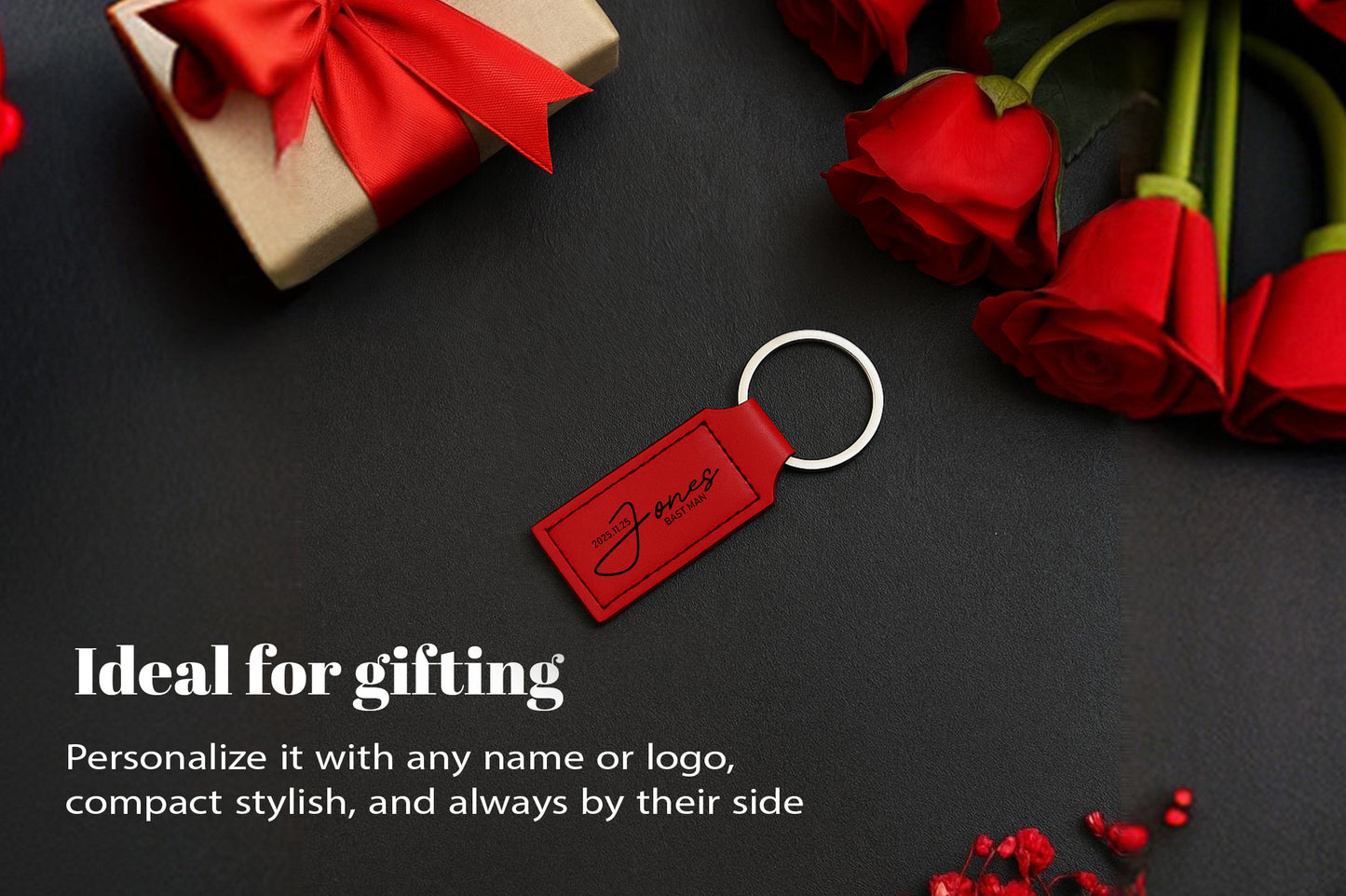 Personalized Leather Keychain, Custom Engraved Key Ring, Corporate Gift Idea