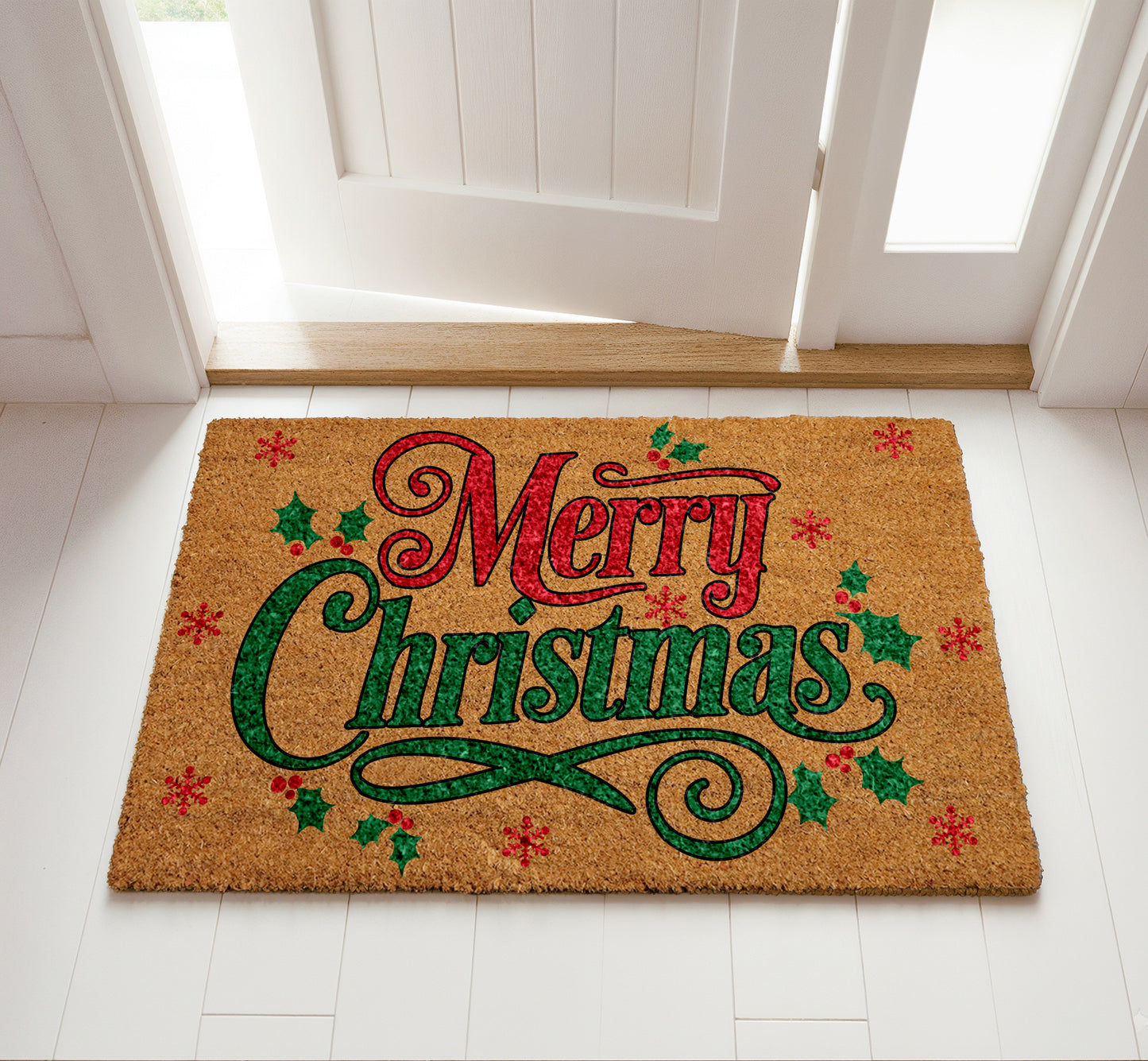 Festive Holly & Berries Doormat, Cheerful Xmas Home Decor Accessory