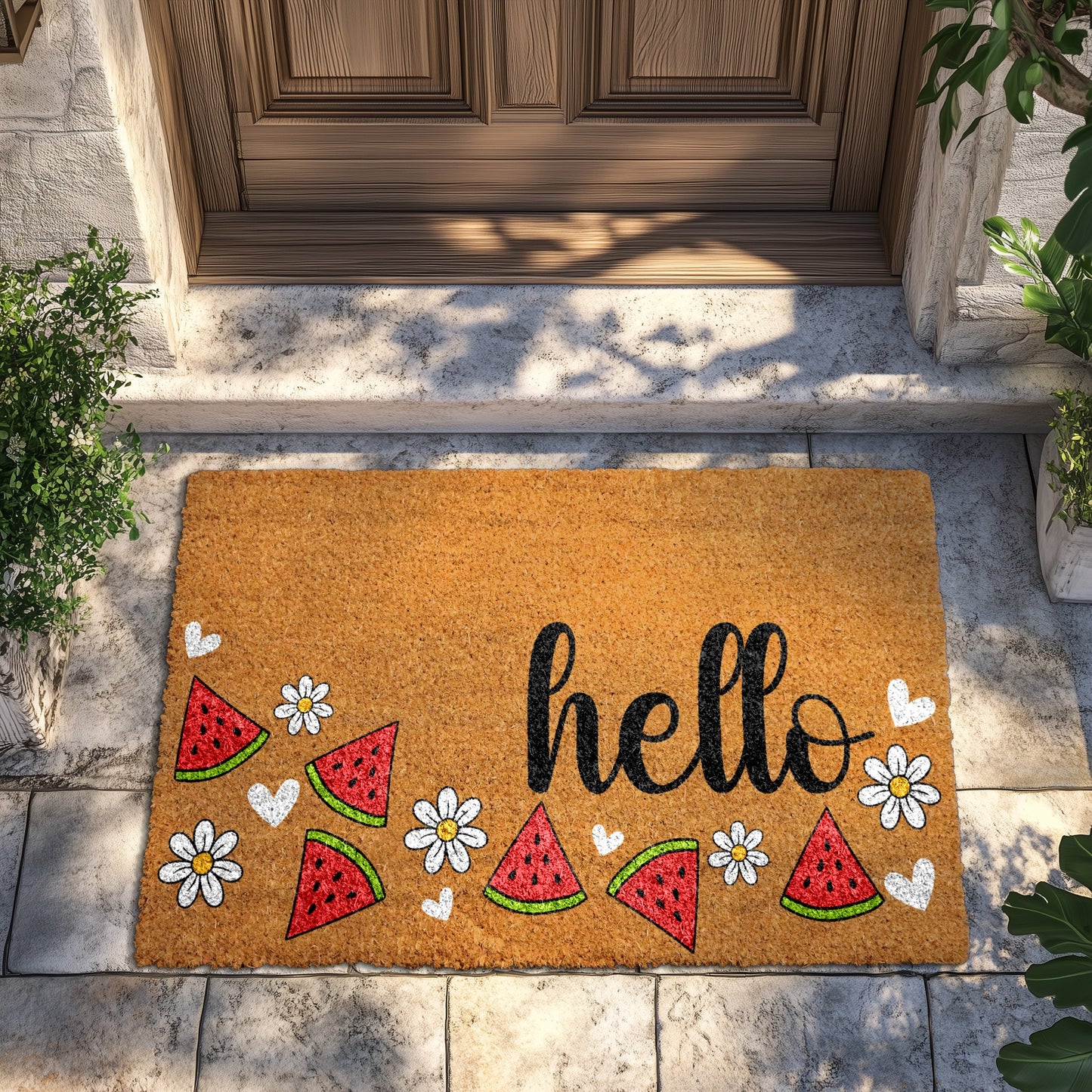 Summer Vibes Welcome with Watermelon & Daisy Doormat, Cheerful Greeting