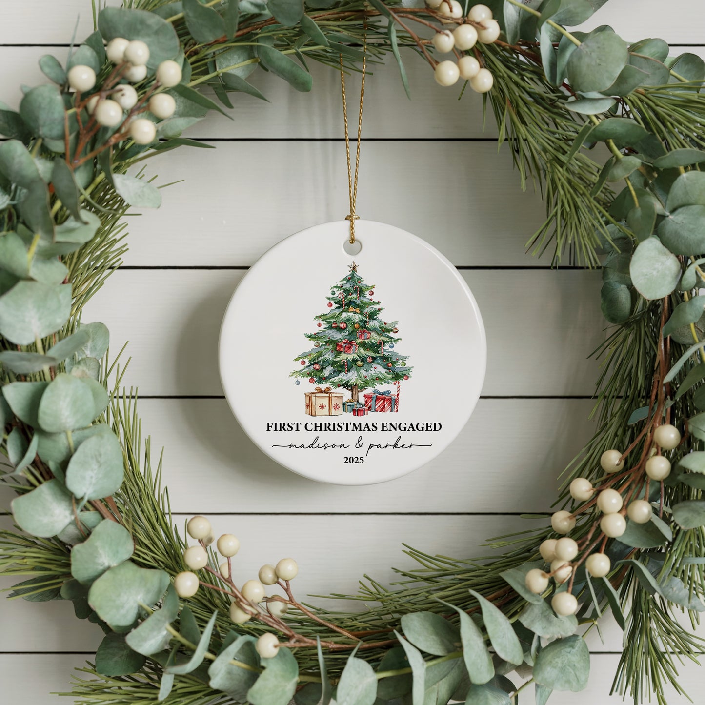 Personalized First Christmas Engaged Ornament, Ceramic Couple Keepsake, Engagement Gift