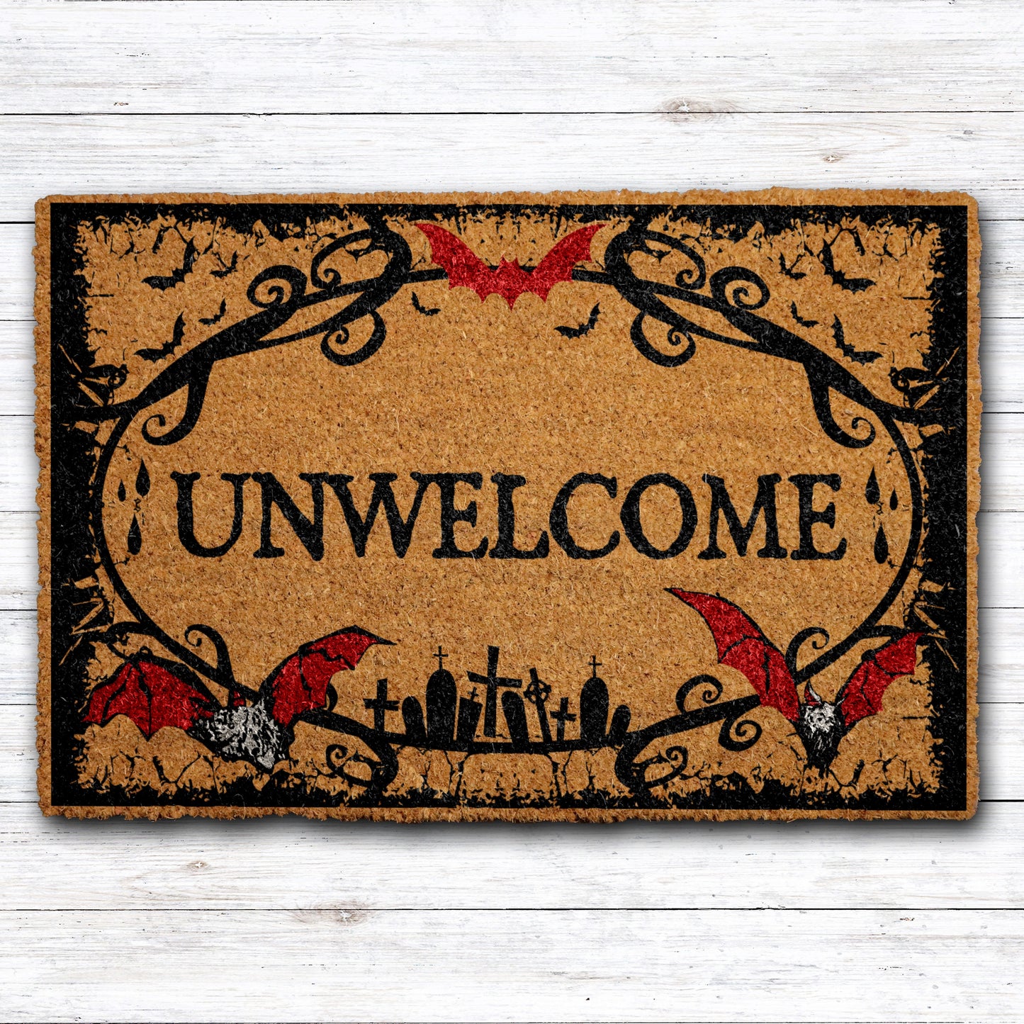 Gothic Bat Doormat, Spooky Vampire Welcome Mat for Halloween Decor.