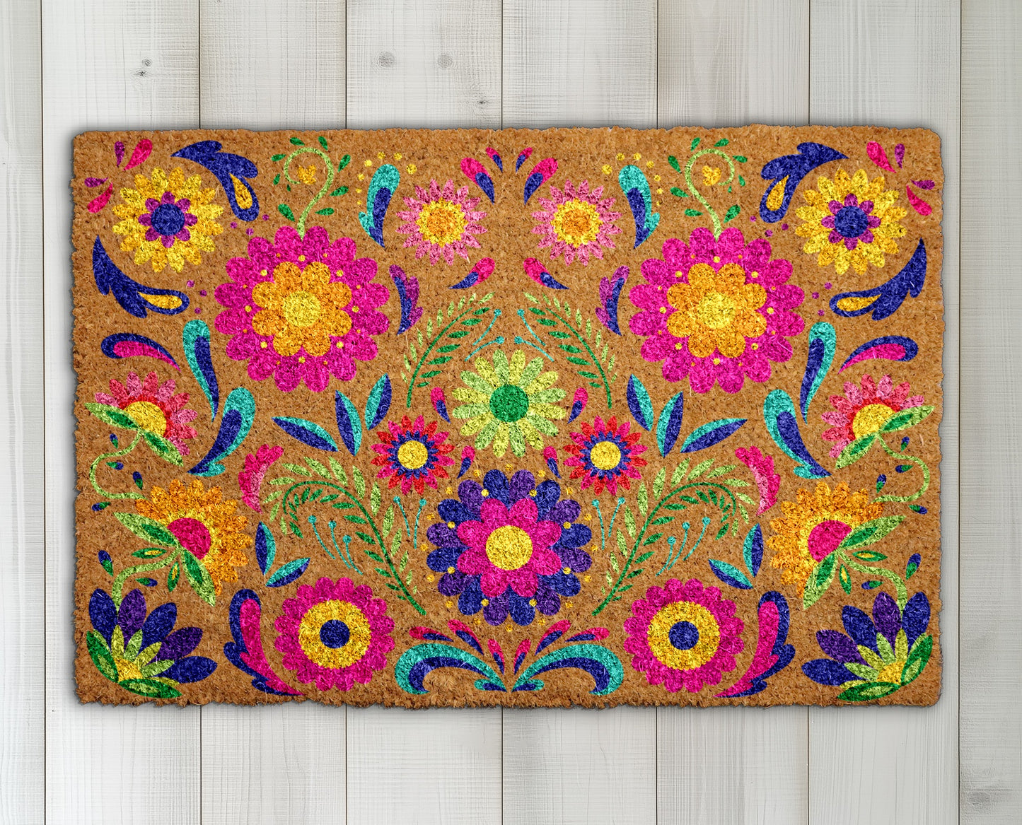 Vibrant Flowers Welcome Mat, Boho Housewarming Gift, Colorful Floral Doormat