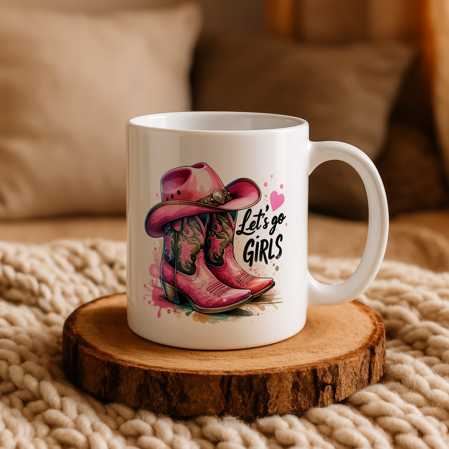 Country Girl Coffee Mug, Pink Boots & Hat Design Cup