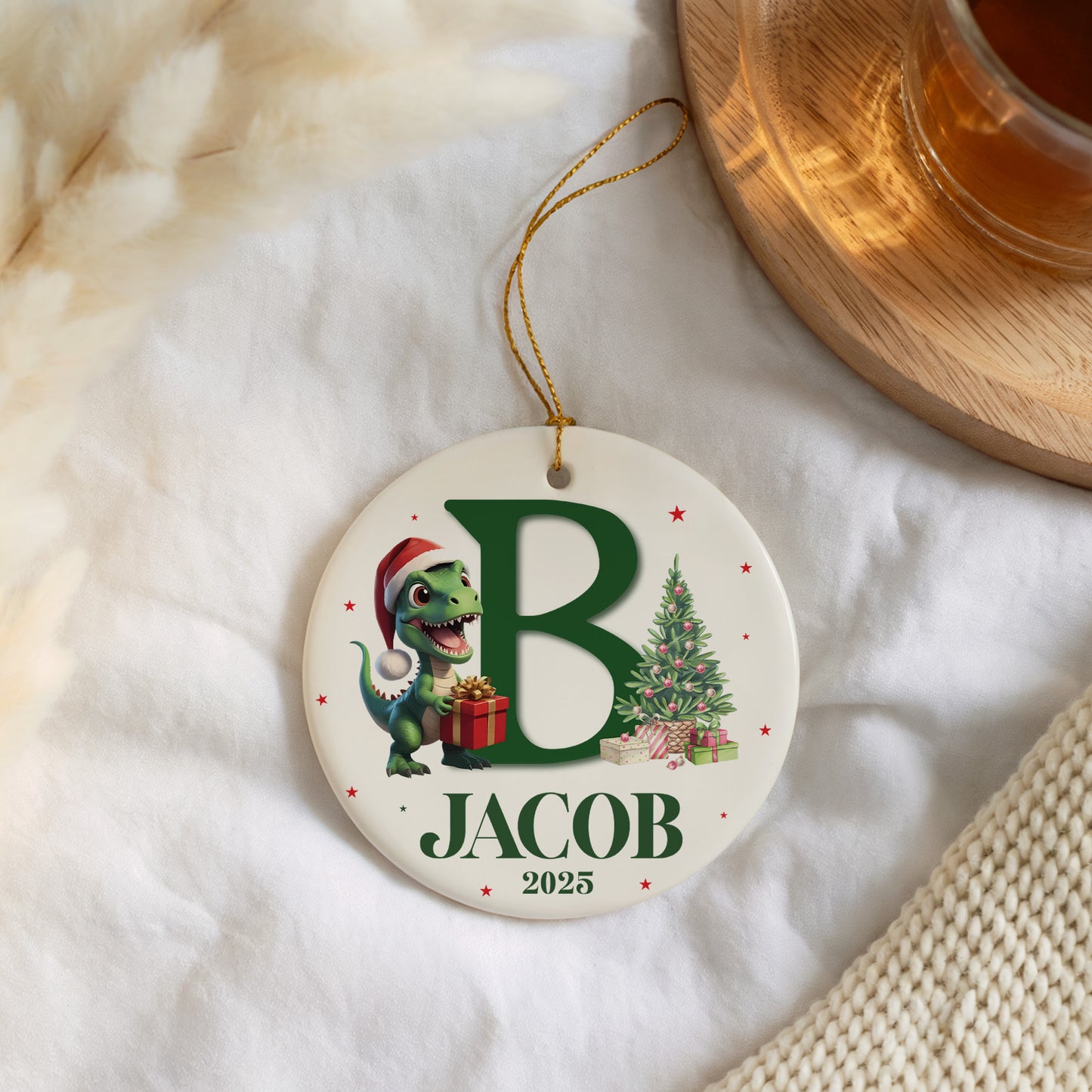 Personalized Dino Santa Ornament, Festive Ceramic Keepsake for Family Celebrations
