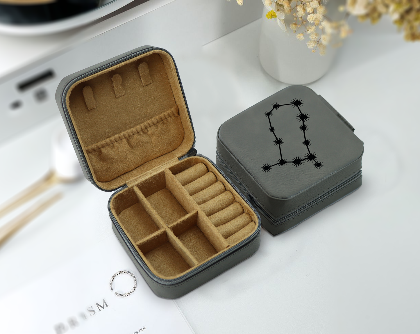 Zodiac Sign Jewelry Box, Travel Organizer - Engraved Vegan Leatherette