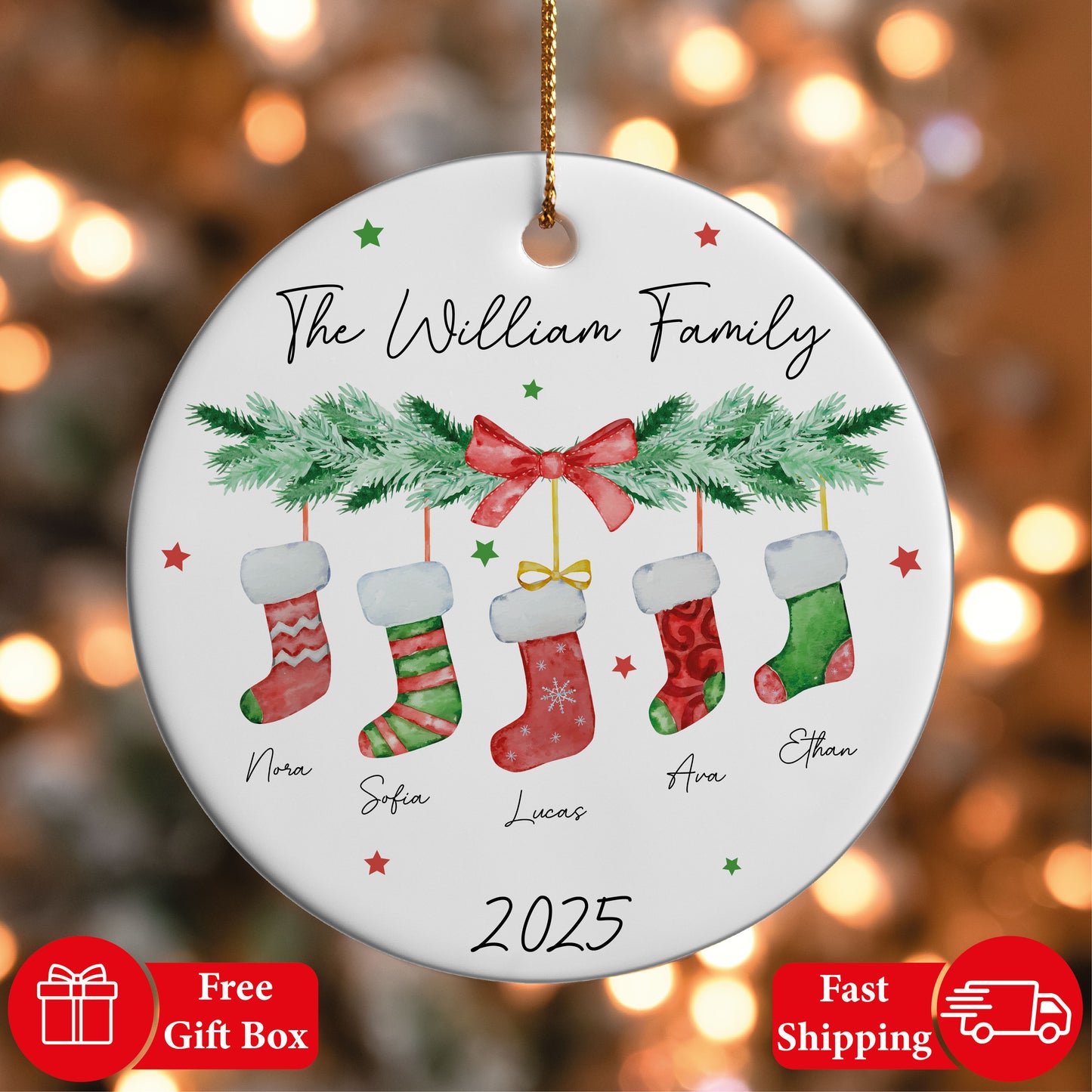 Personalized Family Christmas Ornament with Coquette Stockings, 2025 Decor