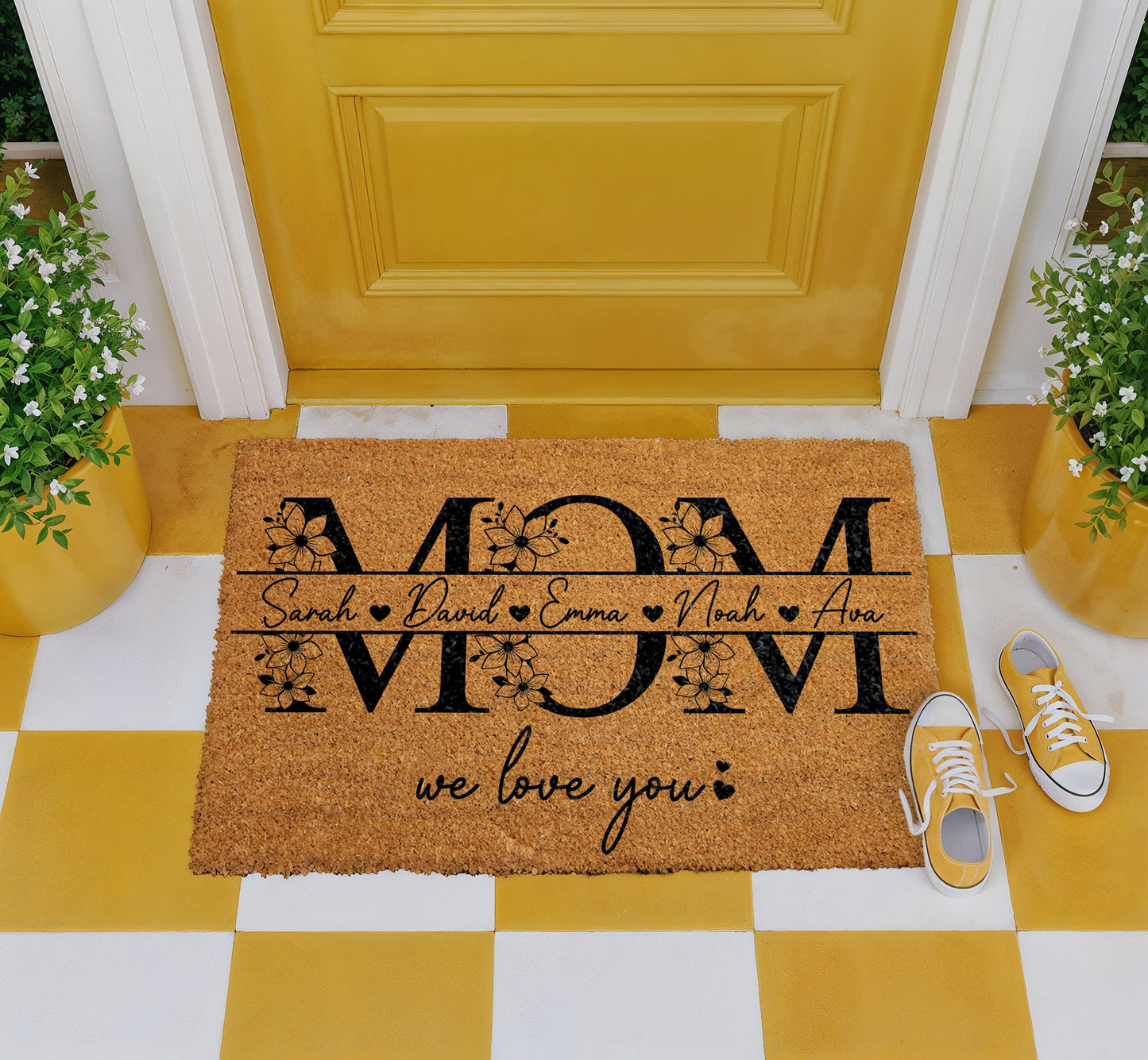 Floral Mom Doormat, Custom Kids' Names Welcome Mat, Mother's Day Gift
