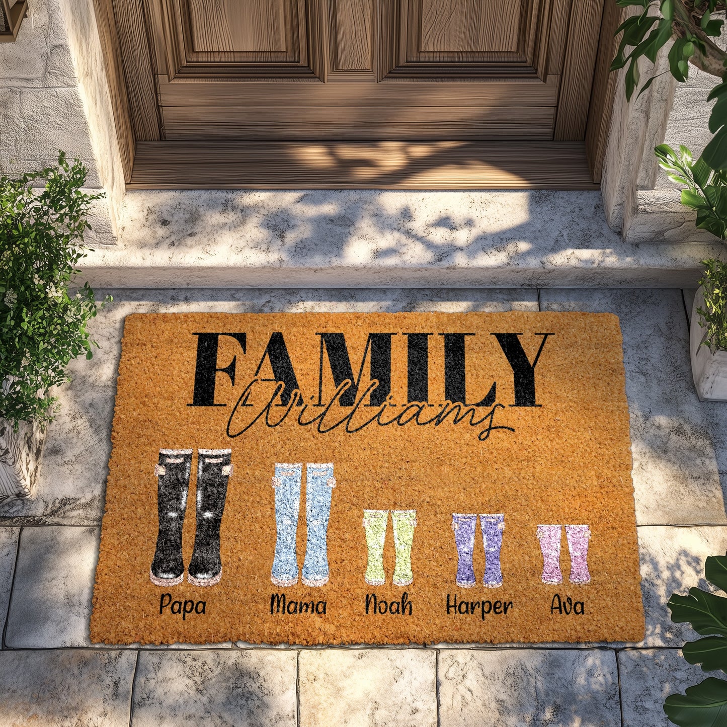 Personalized Family Wellies Doormat, Last Name Welcome Mat, Porch Decor
