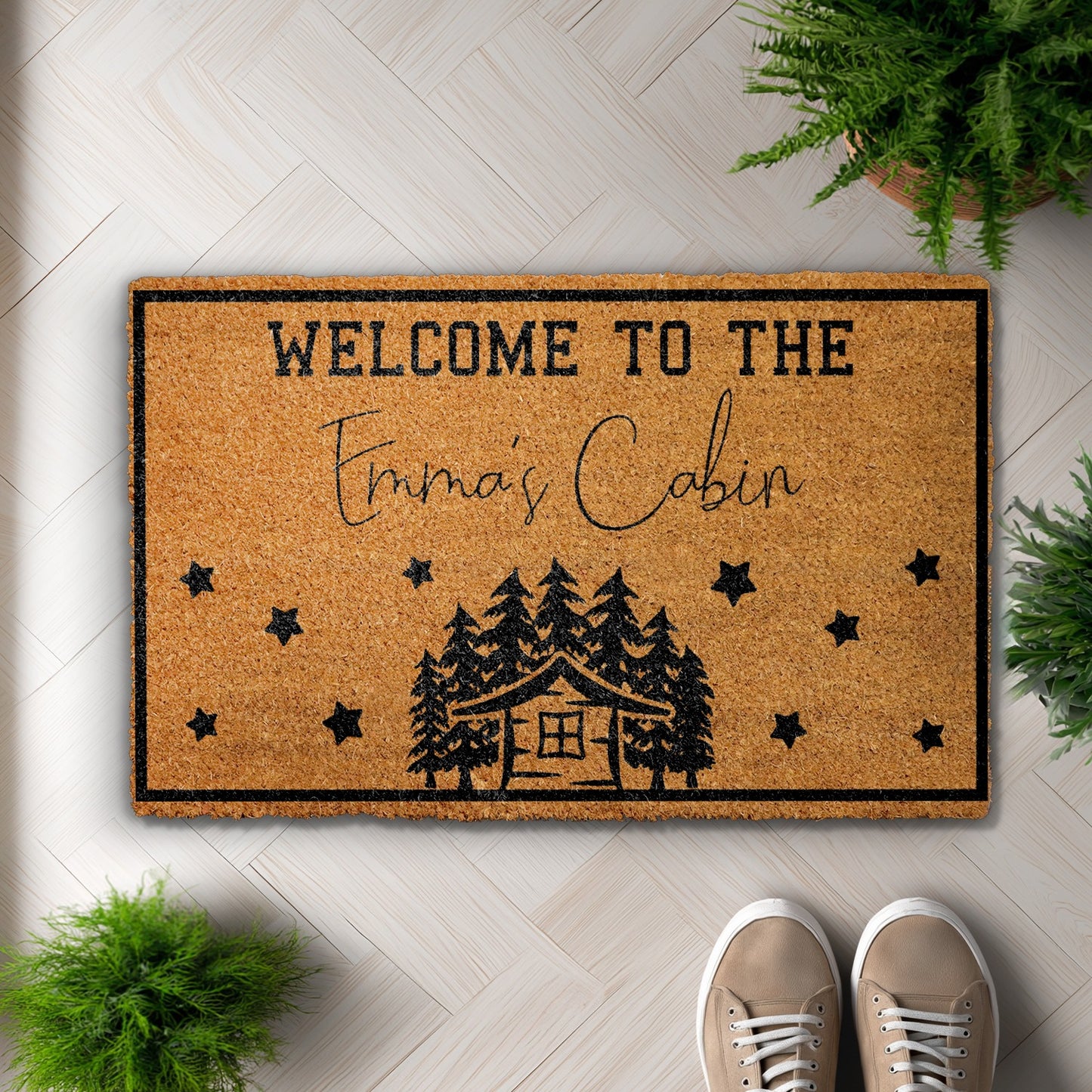 Custom Cabin Doormat, Personalized Pine Tree Decor, Rustic Housewarming Gift