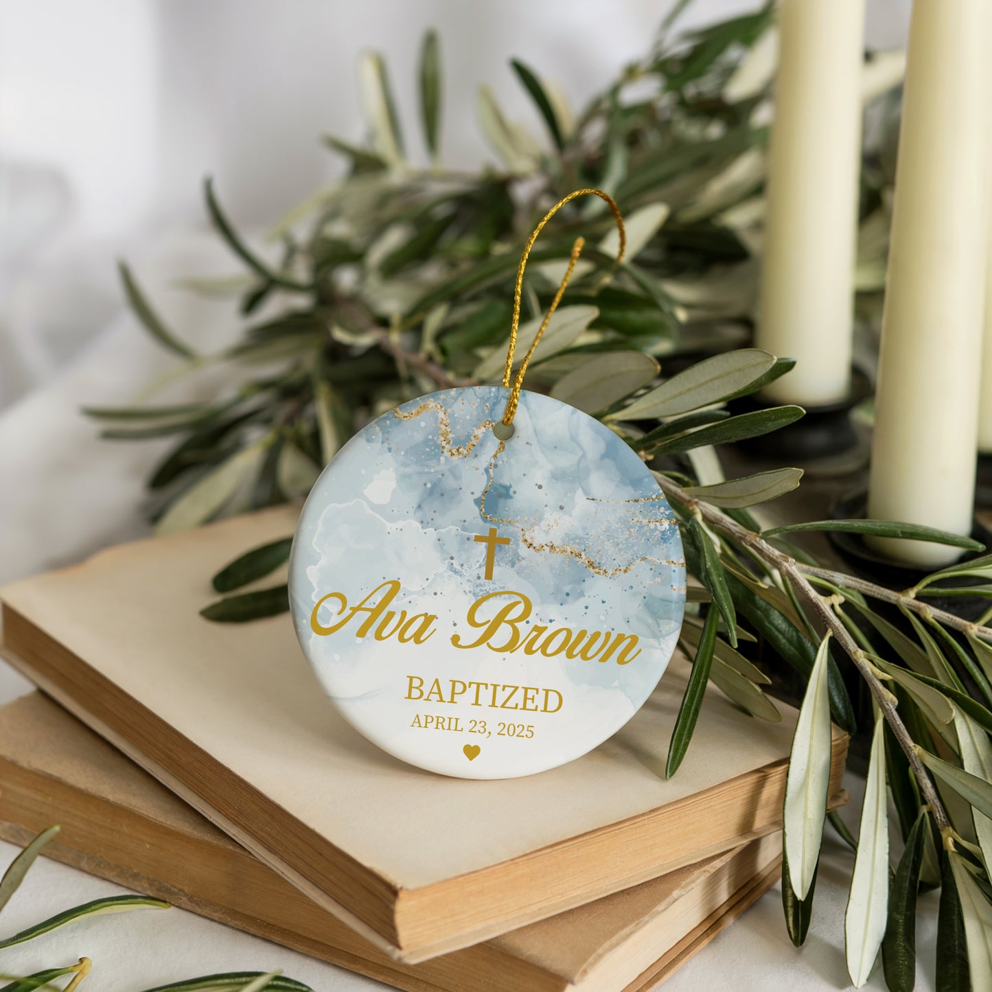 Celebrate Faith with Customizable Baptism Ceremony Ornament, Water Marble Design