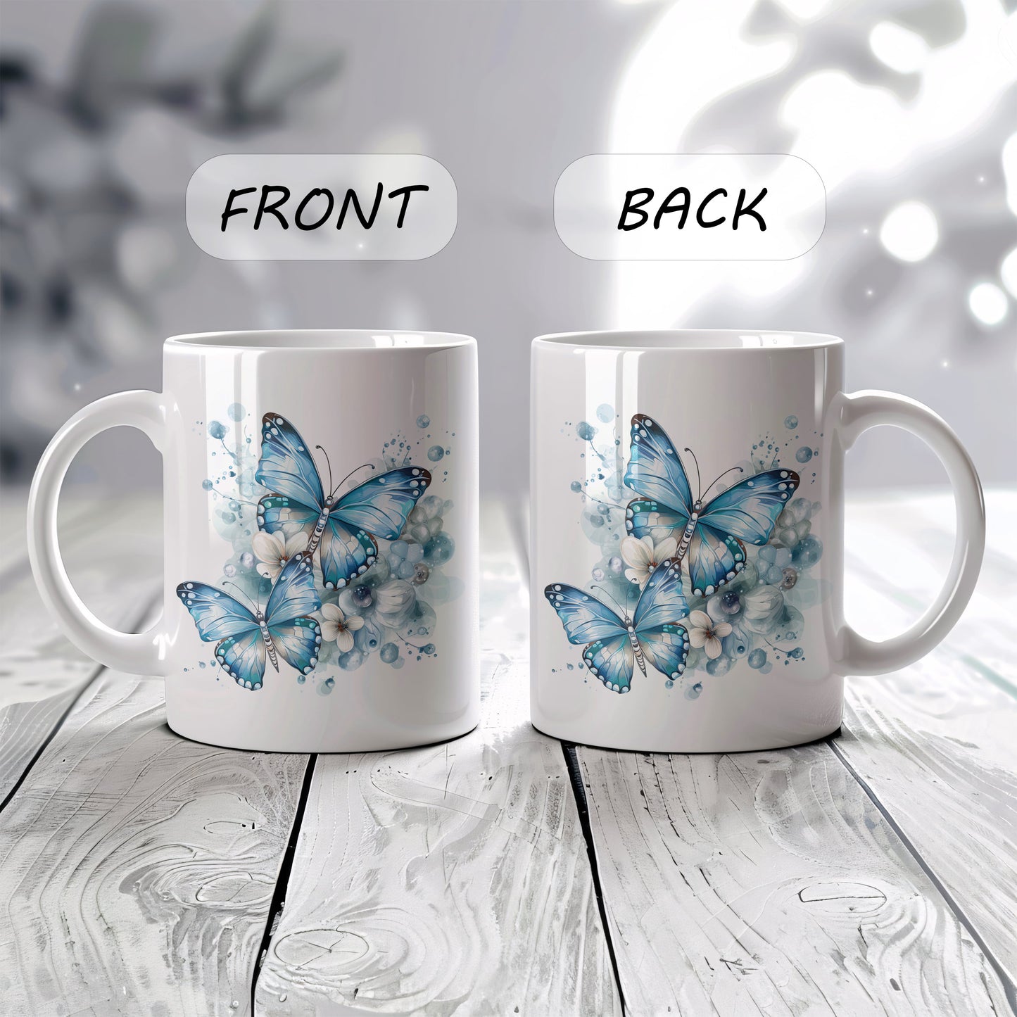 Watercolor Blue Butterfly Coffee Cup, Elegant Flowers, Butterflies Ceramic Tea Cup