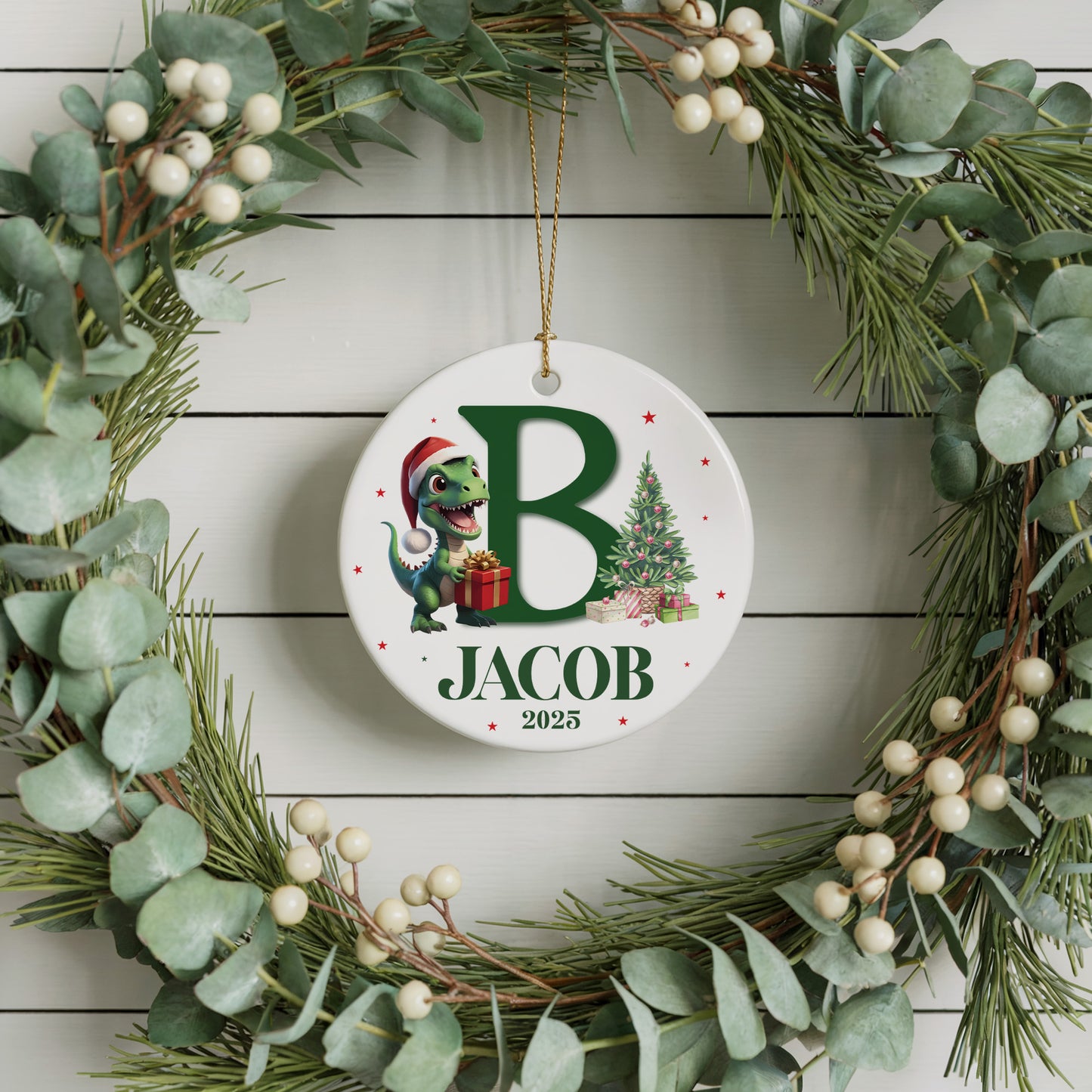 Personalized Dino Santa Ornament, Festive Ceramic Keepsake for Family Celebrations