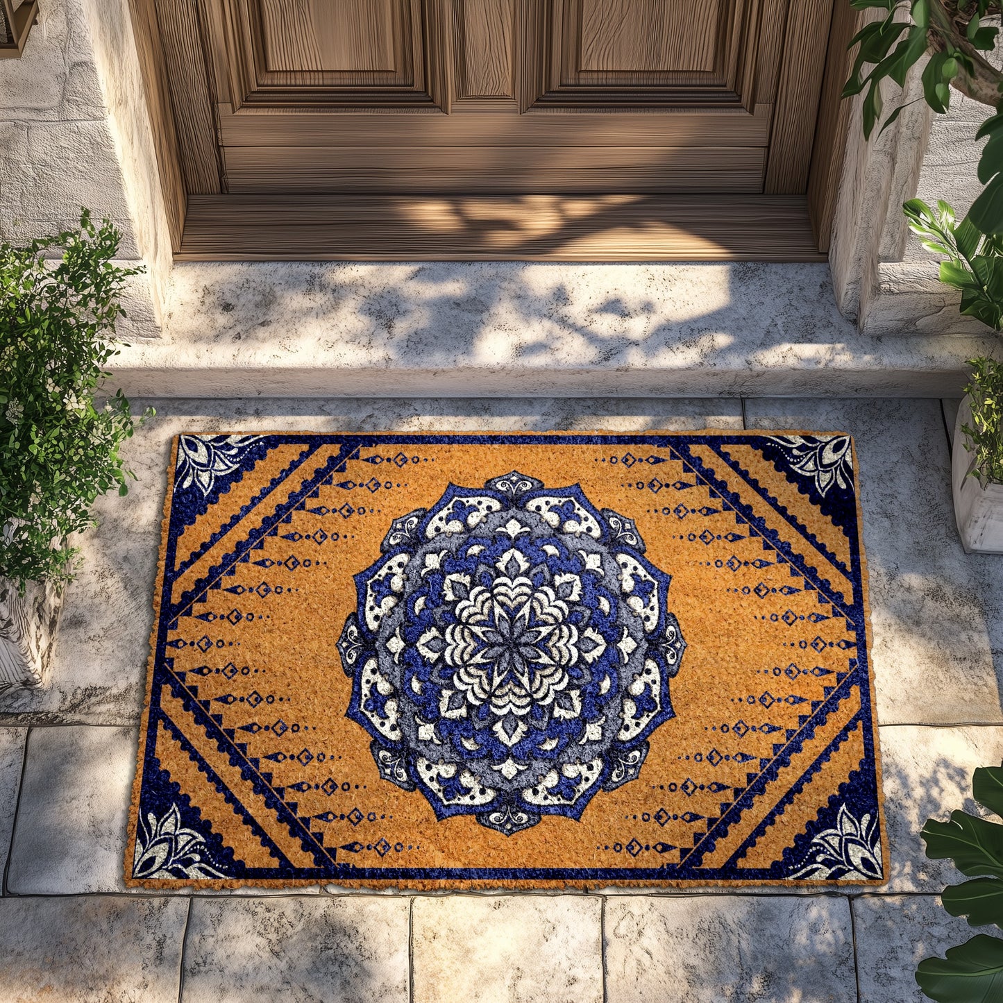 Bohemian Mandala Doormat: Ornate Floral Welcome Mat, Geometric Frontporch Rug