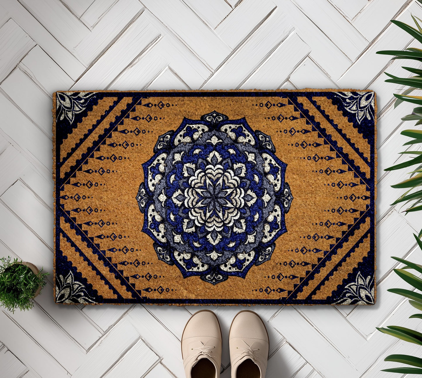 Bohemian Mandala Doormat: Ornate Floral Welcome Mat, Geometric Frontporch Rug