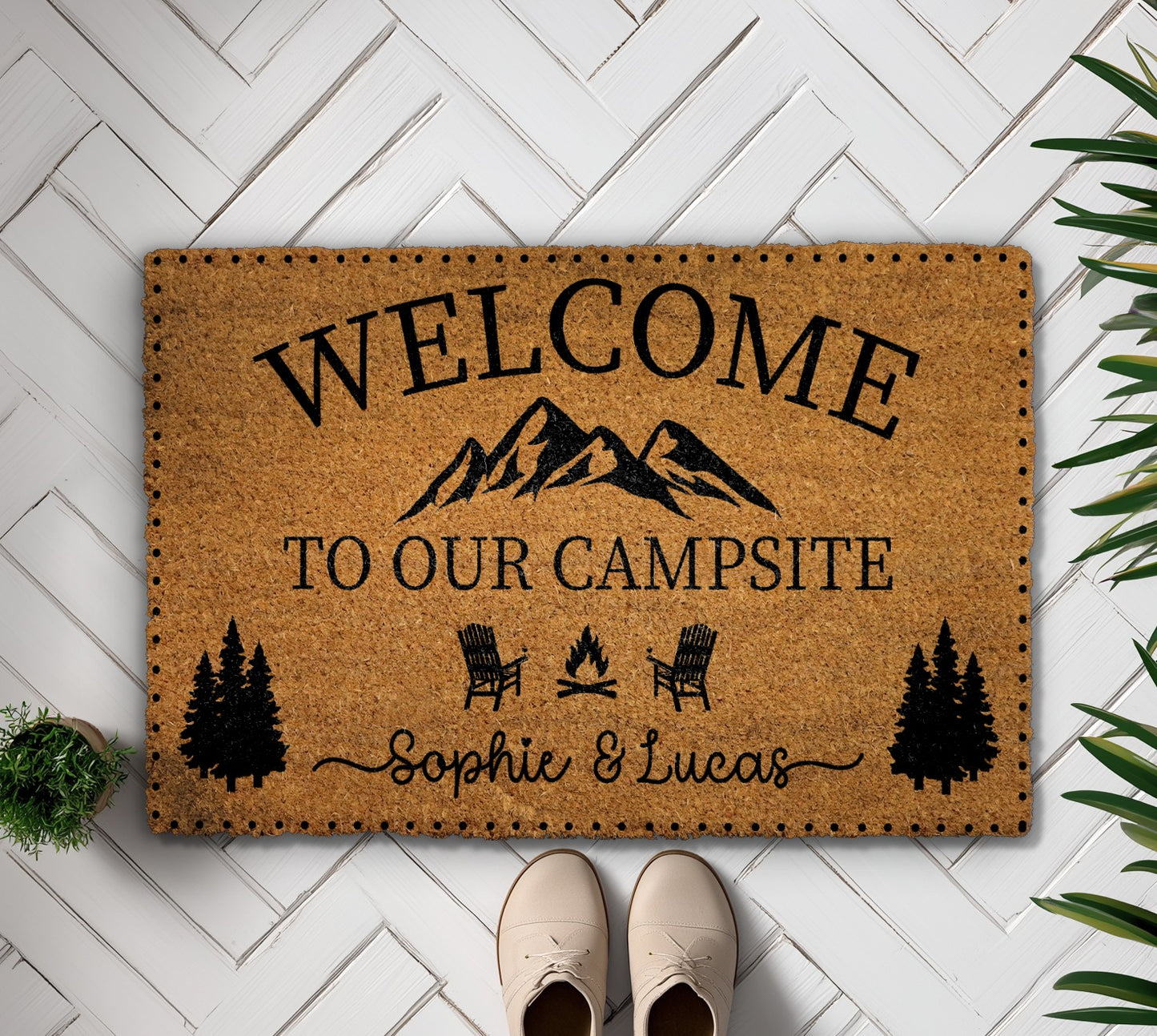 Personalized Couple's Welcome Mat, Mountain & Campfire Doormat for Glamping