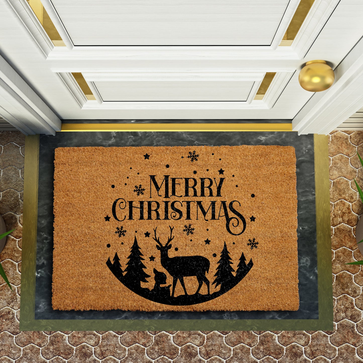 Festive Reindeer Doormat, Snowflakes Welcome Mat, Winter Wonderland Entrance Rug
