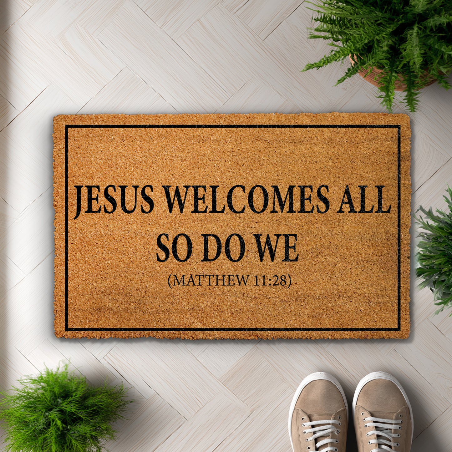 Christian Welcome Mat: Jesus Welcomes All, Religious Entryway Decor