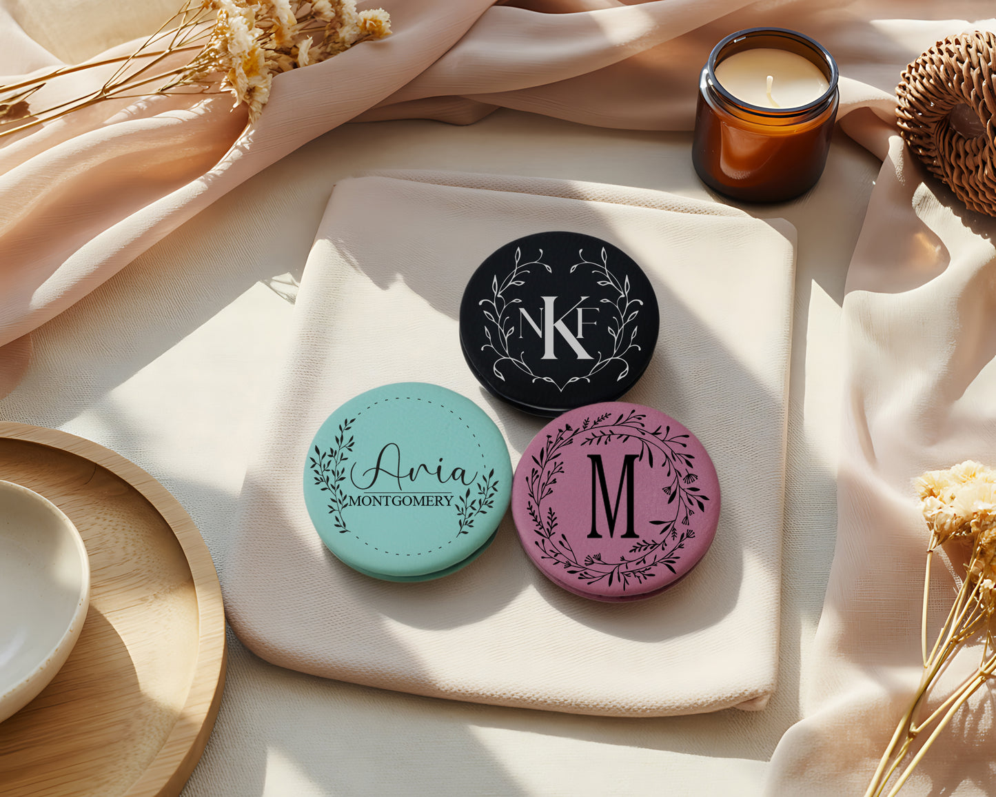 Customizable Vegan Leather Compact Mirror, Personalized Monogram Portable, Valentine's Day.