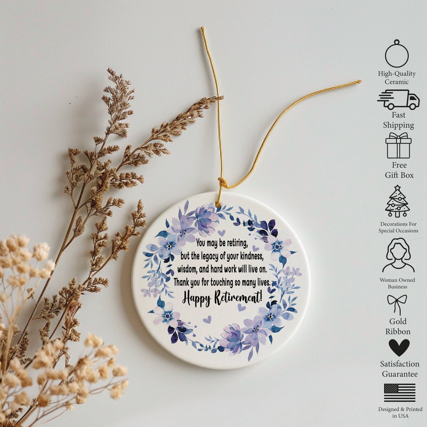 Floral Retirement Blessing Ornament, Happy Celebration Keepsake, Thank You Souvenir