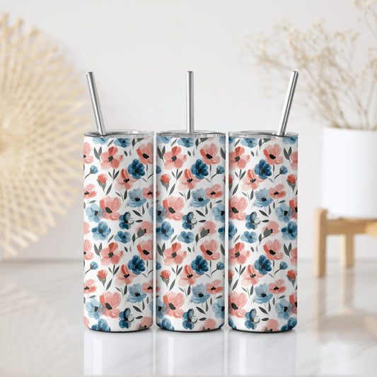 Red Wildflower Travel Cup, Stainless Steel Botanical Tumbler, Summer Gift