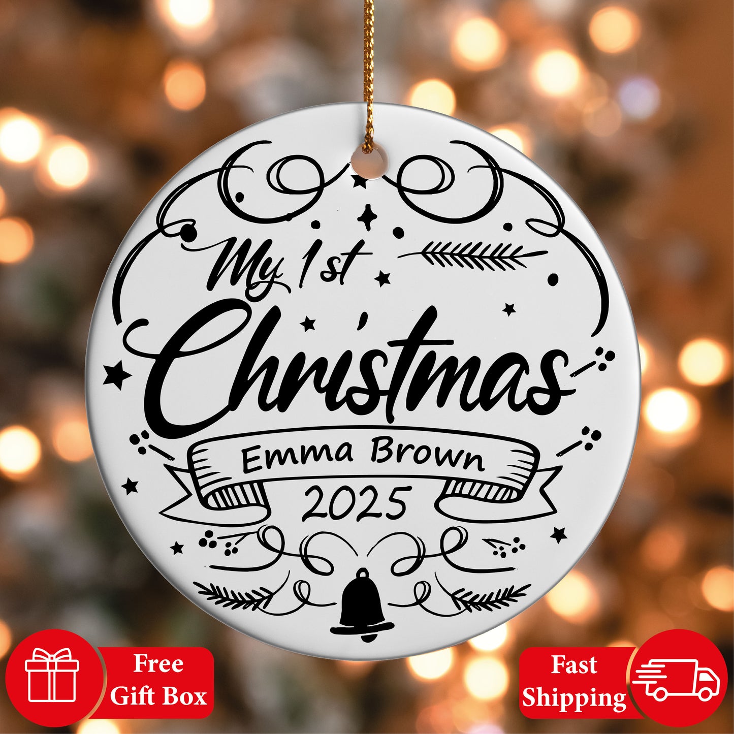 Personalized Baby's First Christmas Ceramic Ornament, Aesthetic Tree Decoration