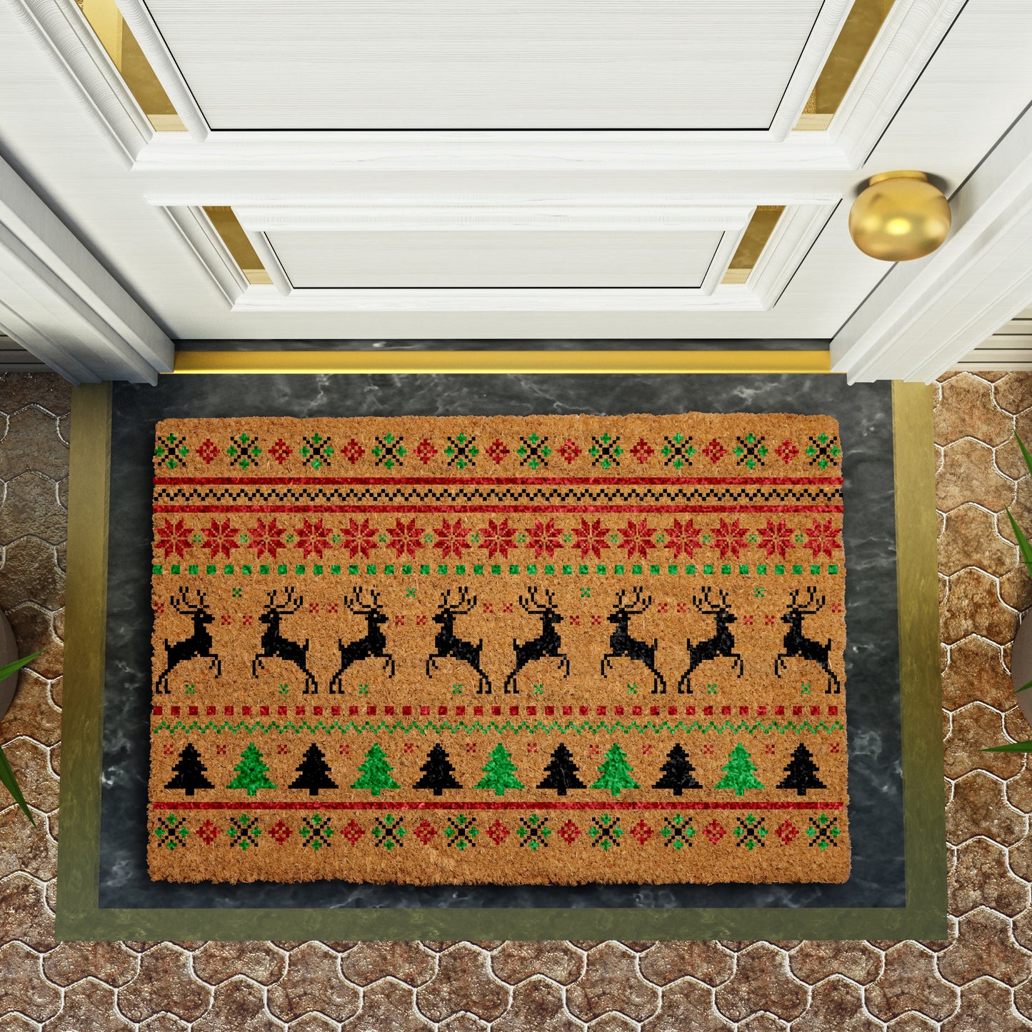 Fair Isle Christmas Doormat, Reindeer & Tree Holiday Welcome Mat