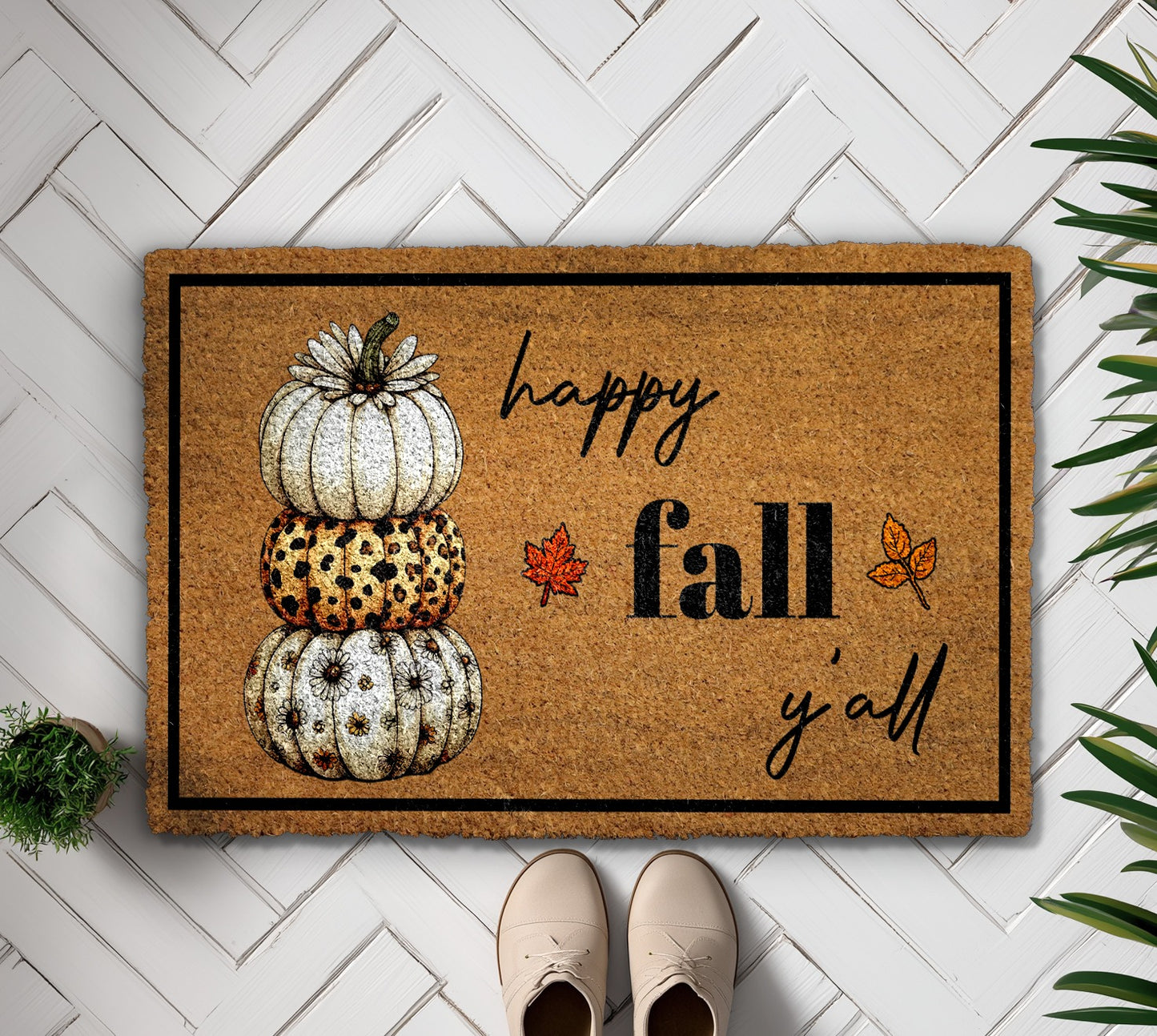 Fall Farmhouse Doormat, Welcome Autumn with Pumpkin and Turkey