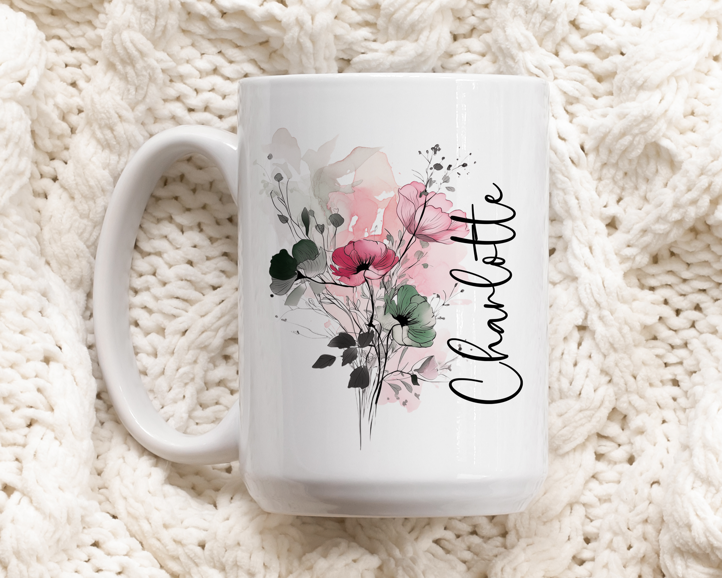 Custom Botanical Watercolor Floral Mug, Elegant Ceramic Tea Cup, Personalized Coffee Cup