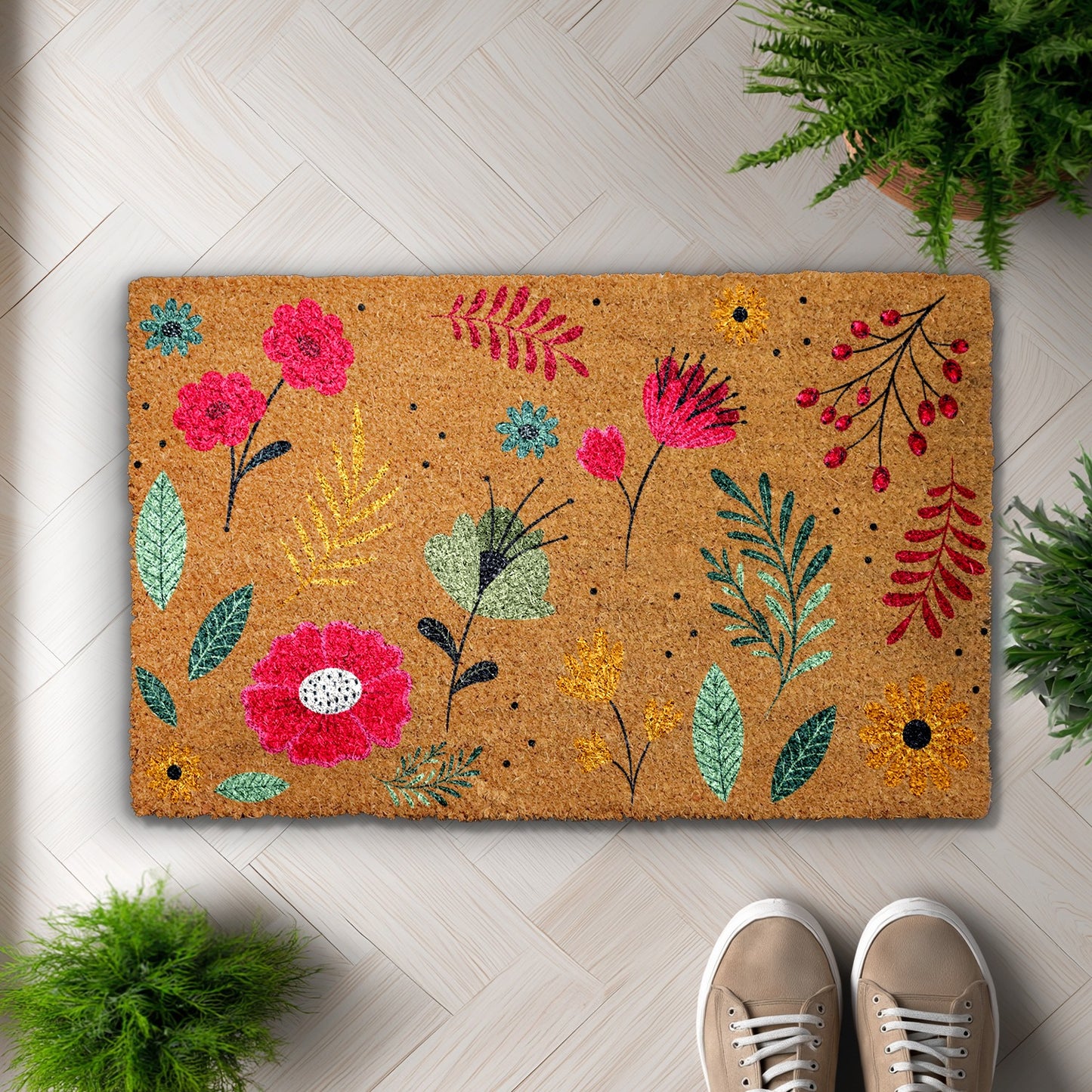 Boho Wildflower Welcome Mat, Vibrant Blooms Front Porch Rug