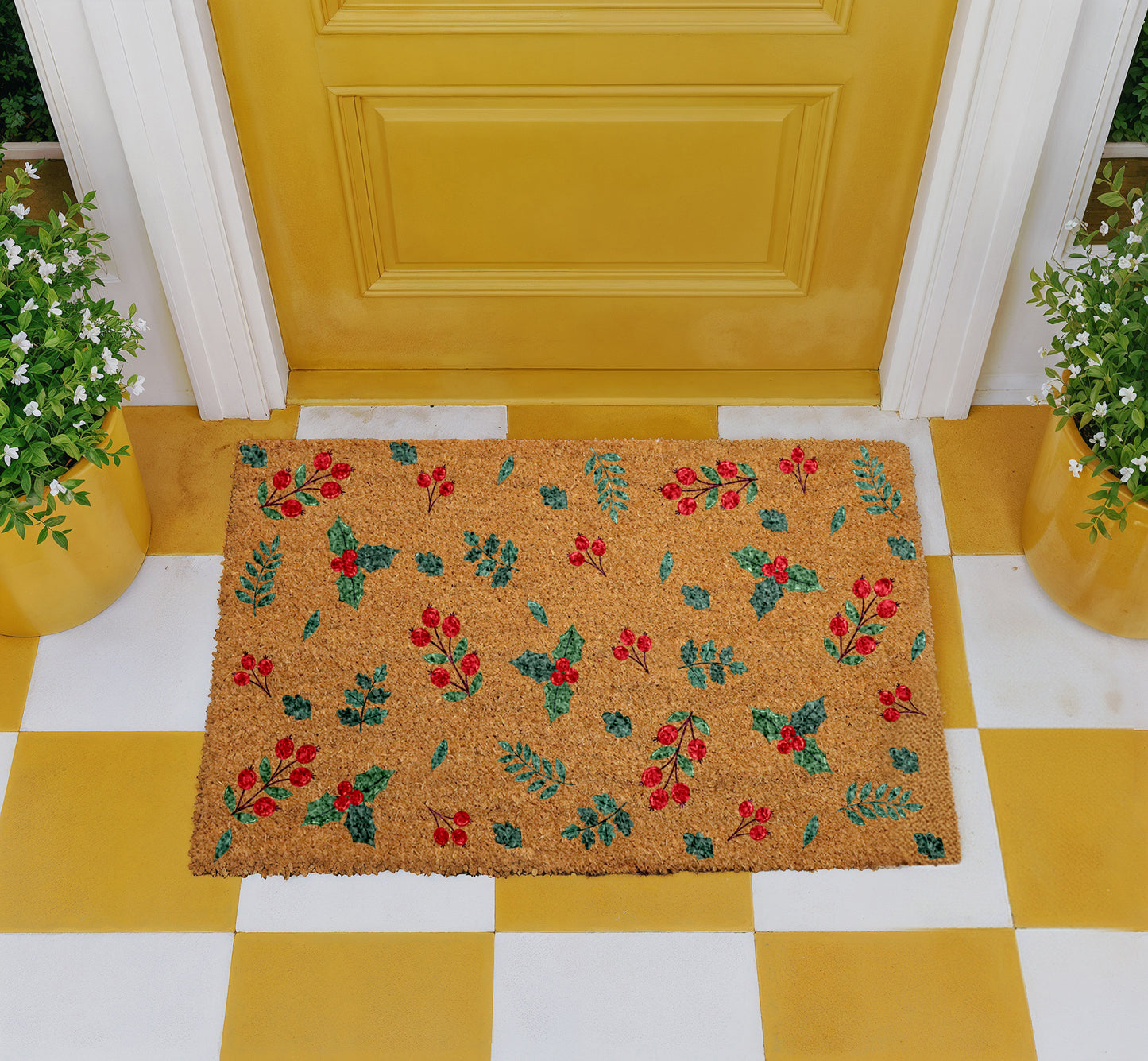 Cozy Christmas Holly Berry Doormat, Festive Winter Welcome Mat