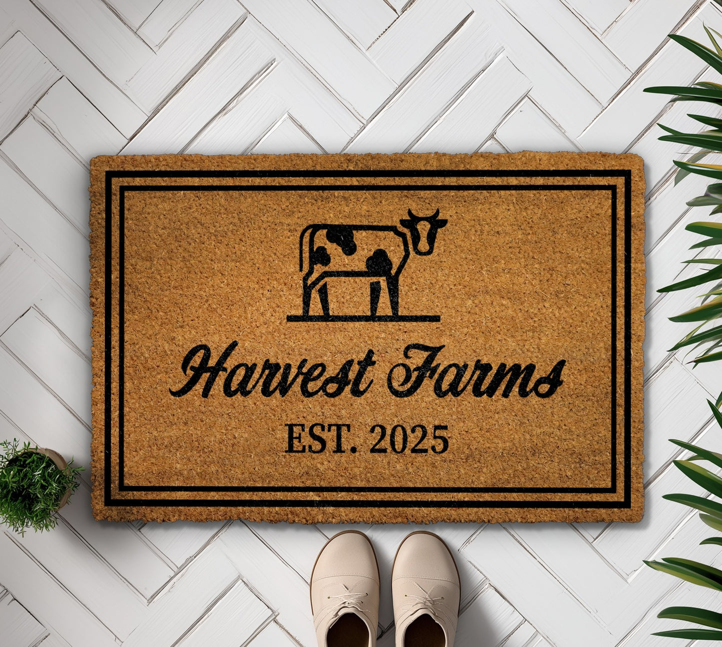 Custom Farmhouse Welcome Mat, Personalized for Cow Decor & Housewarming.