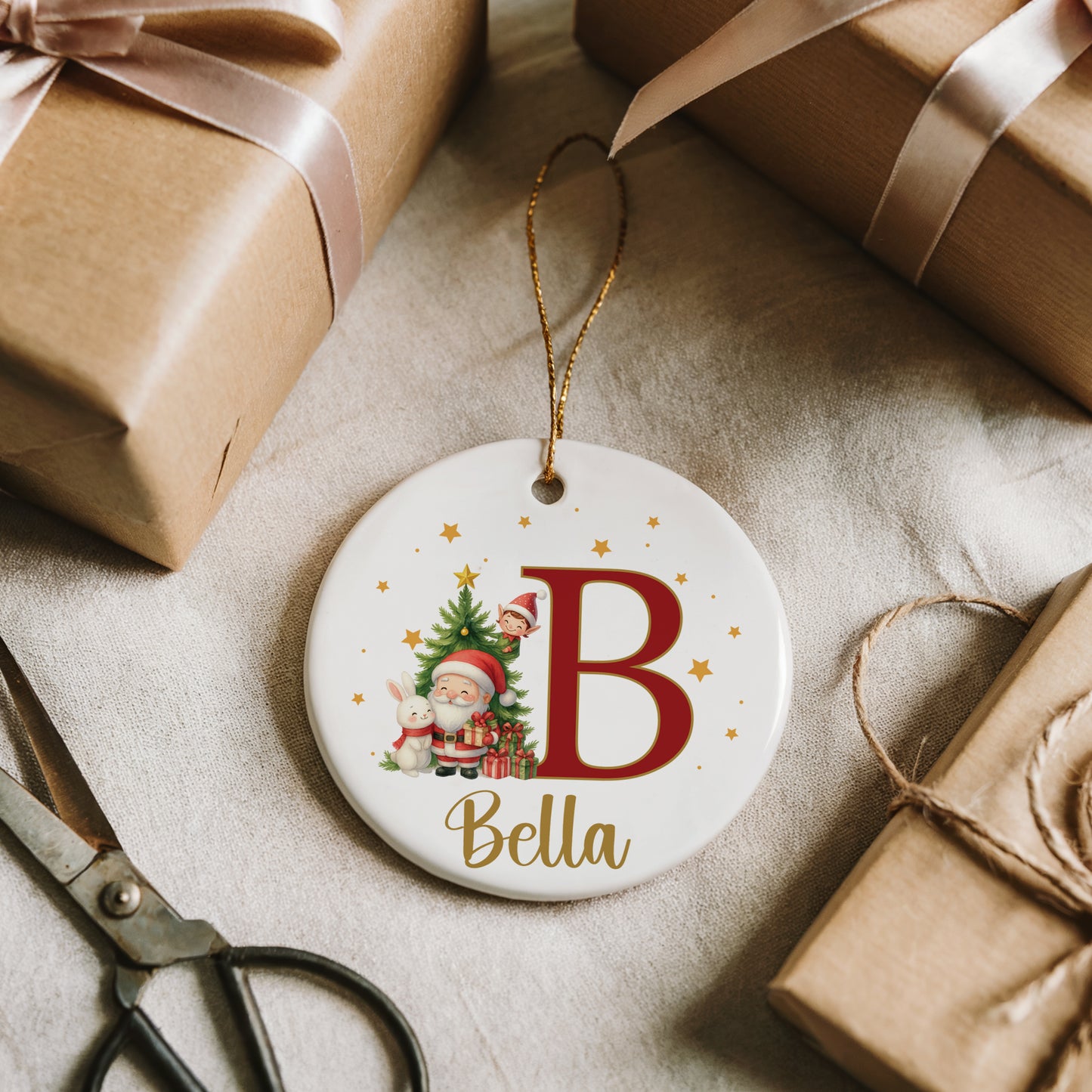 Personalized Santa & Tree Ceramic Ornament: Custom Family Xmas Decor