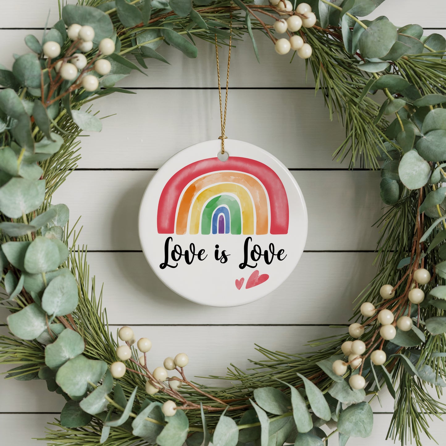Watercolor Rainbow Ornament, LGBTQ+ Couple Keepsake, Ceramic Pride Wedding Gift