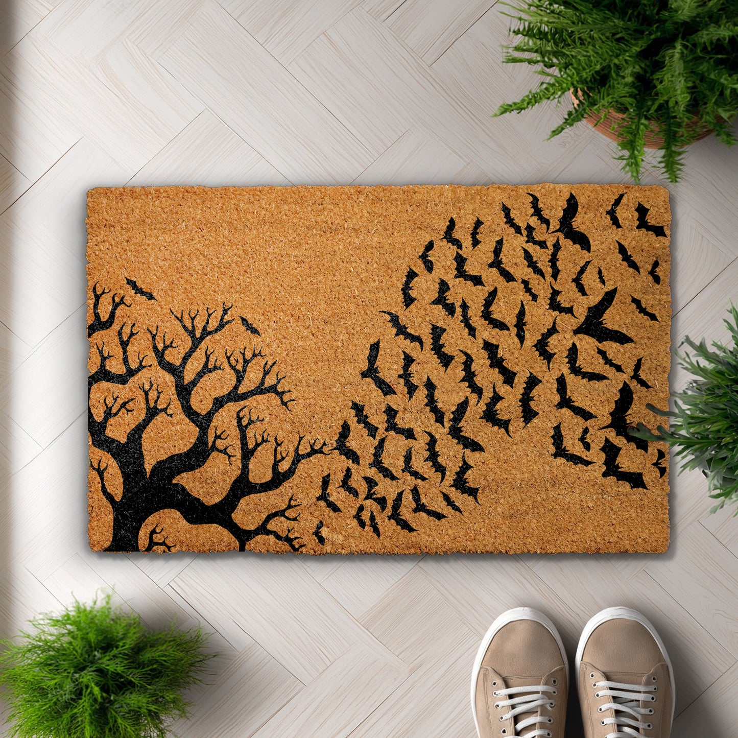 Spooky Season Tree & Bats Doormat, Gothic Home Entrance Decor