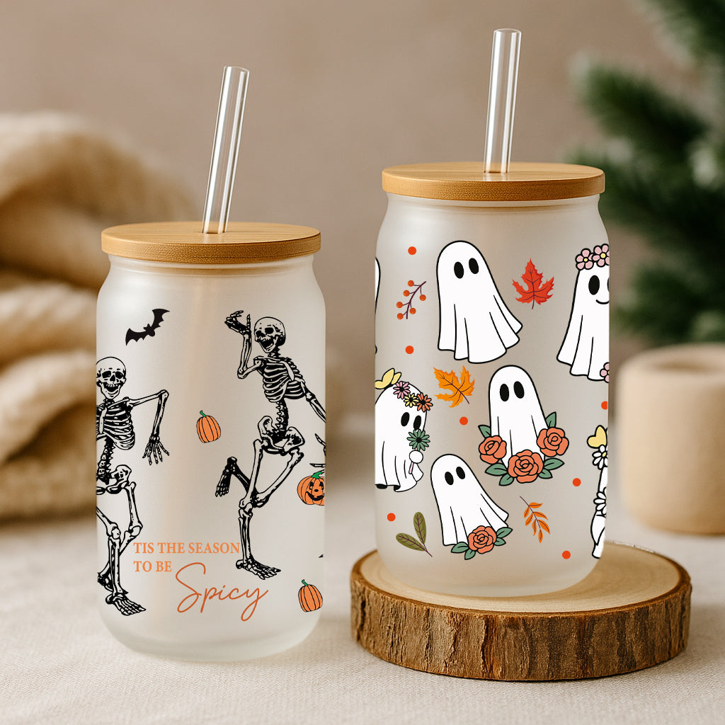 Custom Halloween Glass Tumblers: Cute Ghost, Dancing Skeleton Party Cups