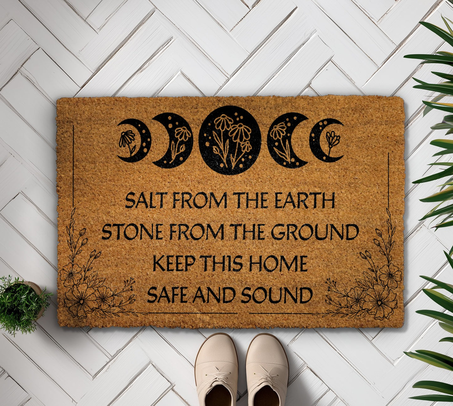 Witchy Welcome Mat, Floral Lunar Cycle Porch Rug for Home Protection