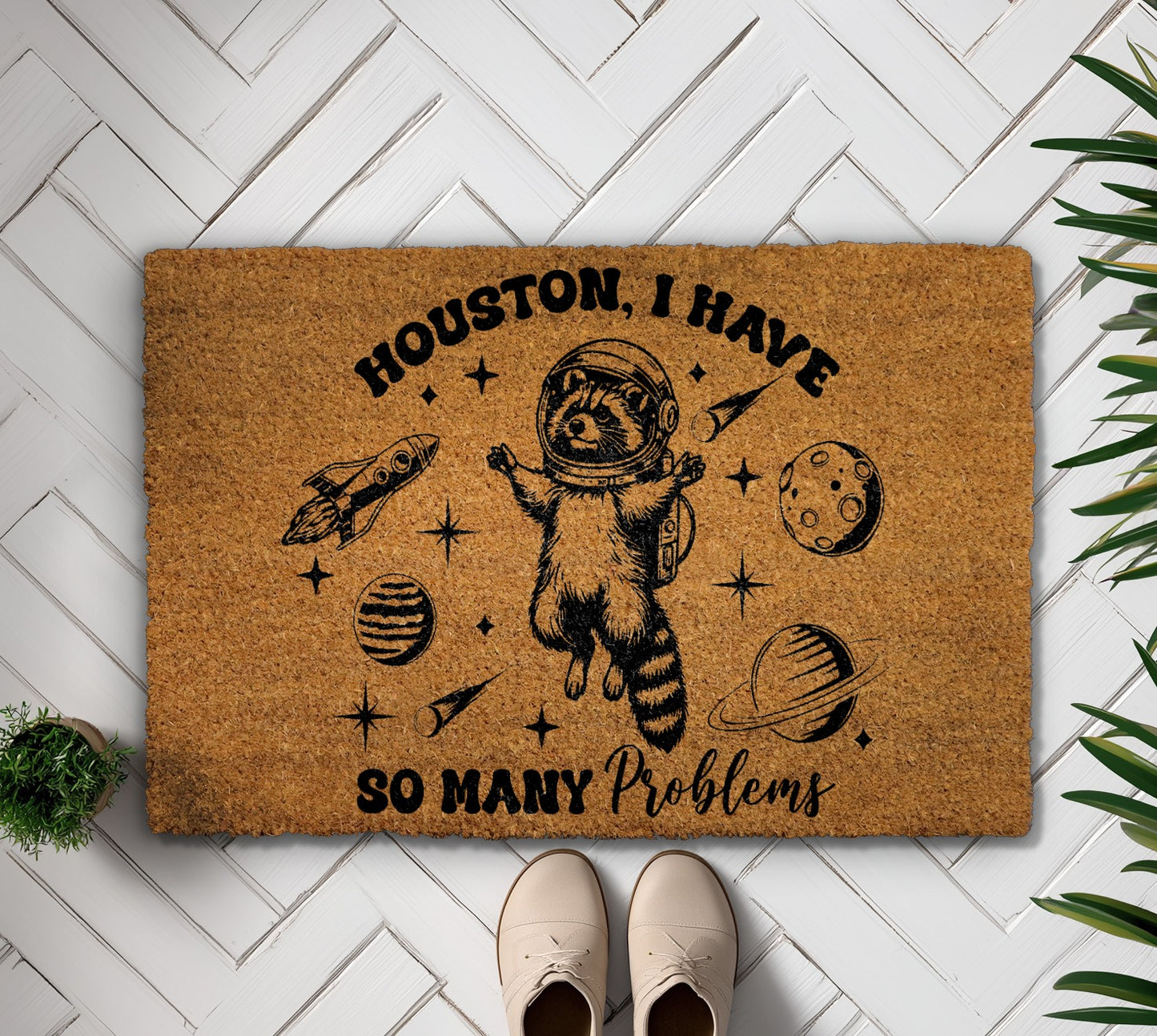 Space-Themed Doormat, Astronaut Raccoon Welcome Mat, Funny Housewarming Gift