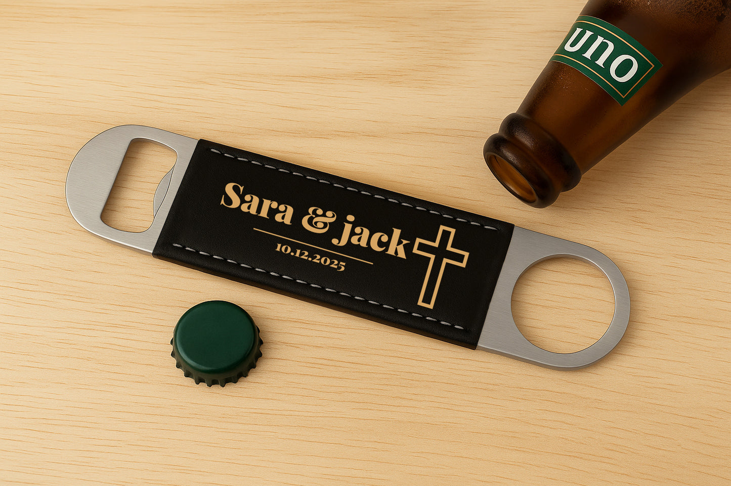 Personalized Leather Beer Opener, Custom Engraved Bar Tool for Wedding